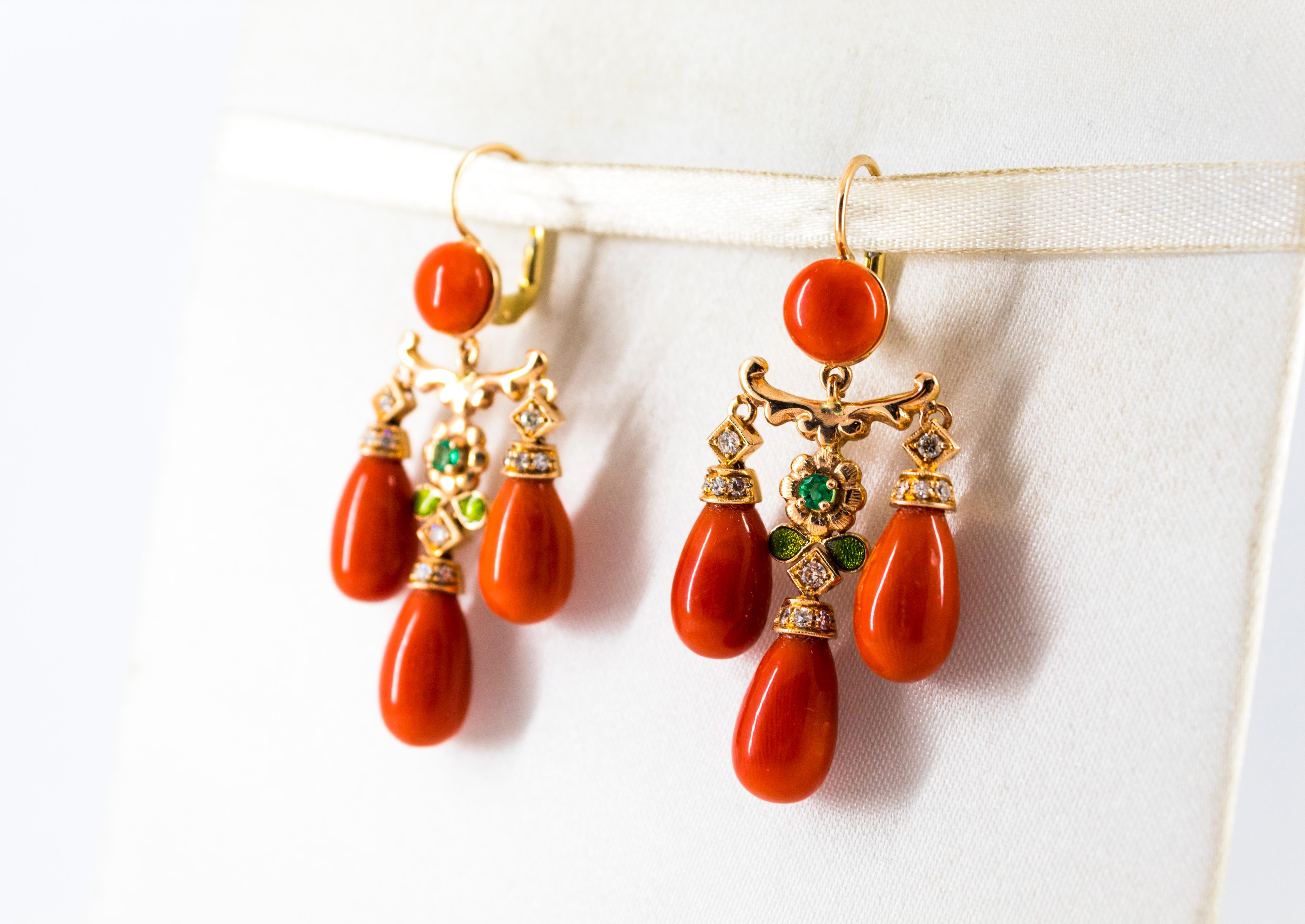 Mediterranean Coral 0.44 Carat White Diamond Emerald Yellow Gold Drop Earrings In New Condition In Naples, IT