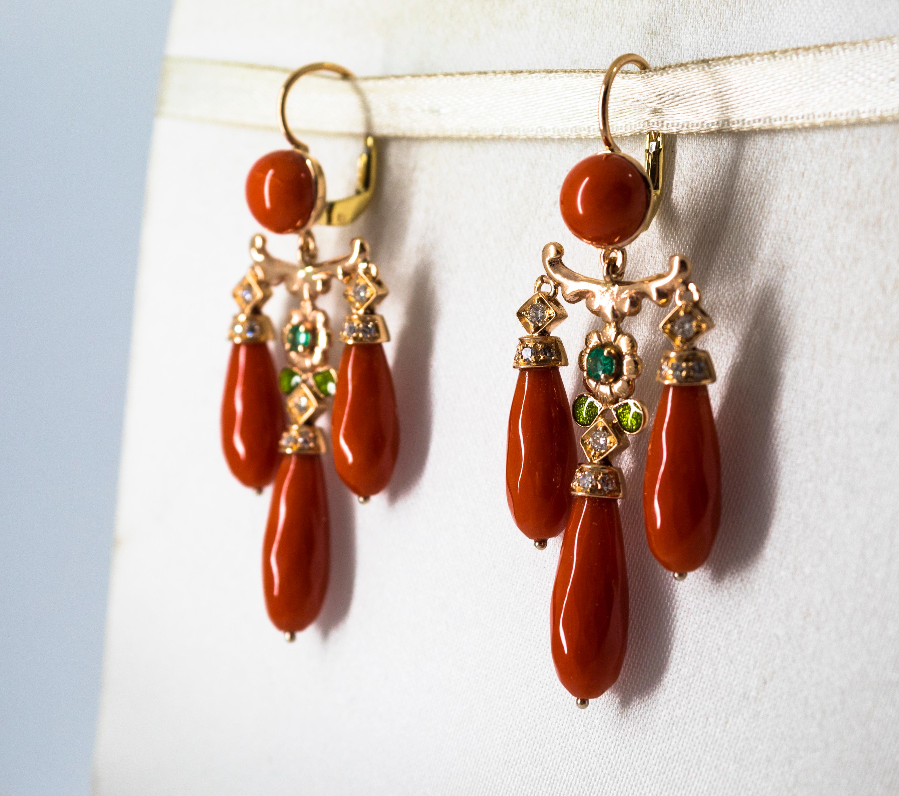 Women's or Men's Mediterranean Coral 0.44 Carat White Diamond Emerald Yellow Gold Drop Earrings