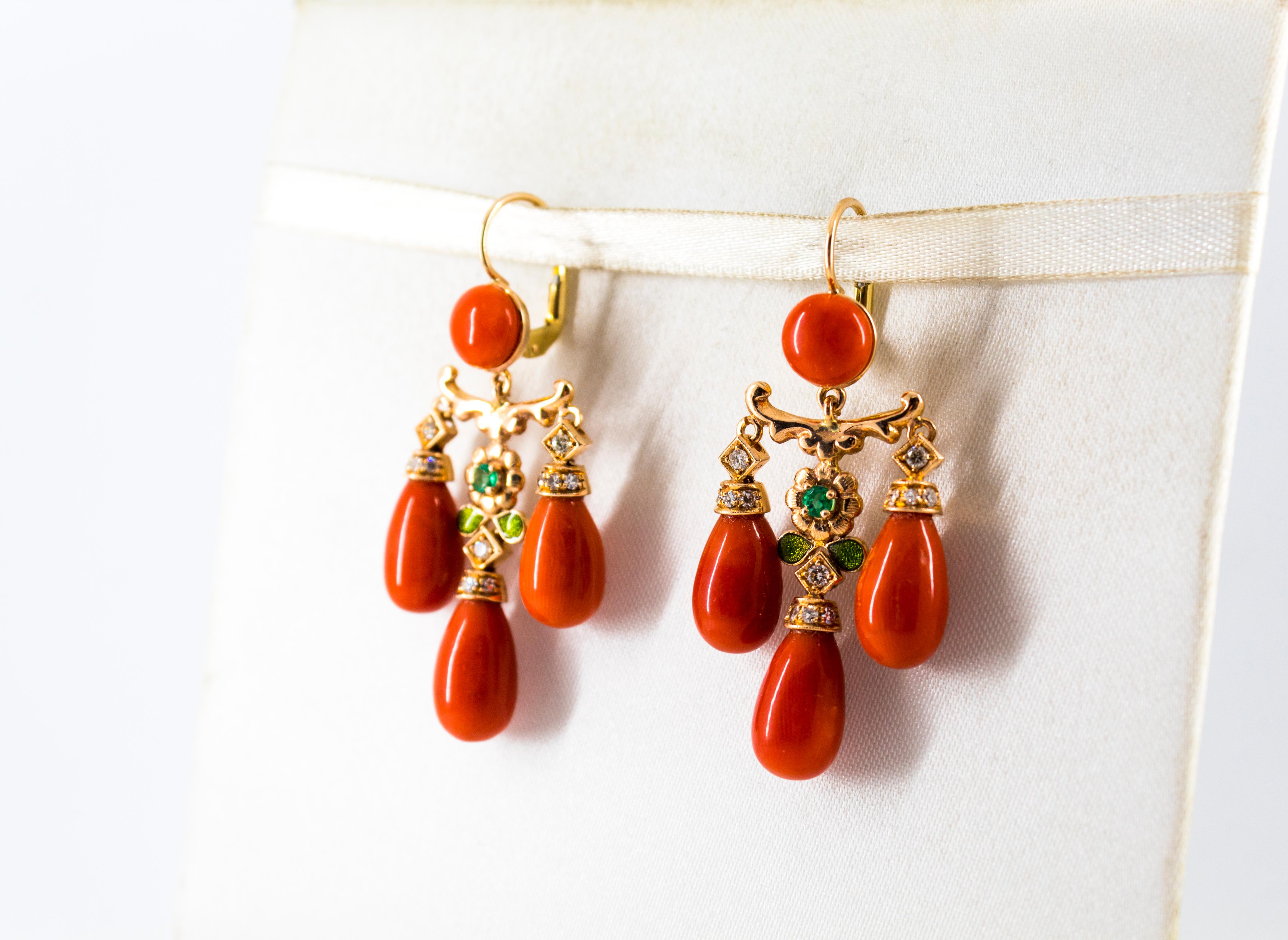 Women's or Men's Mediterranean Coral 0.44 Carat White Diamond Emerald Yellow Gold Drop Earrings For Sale