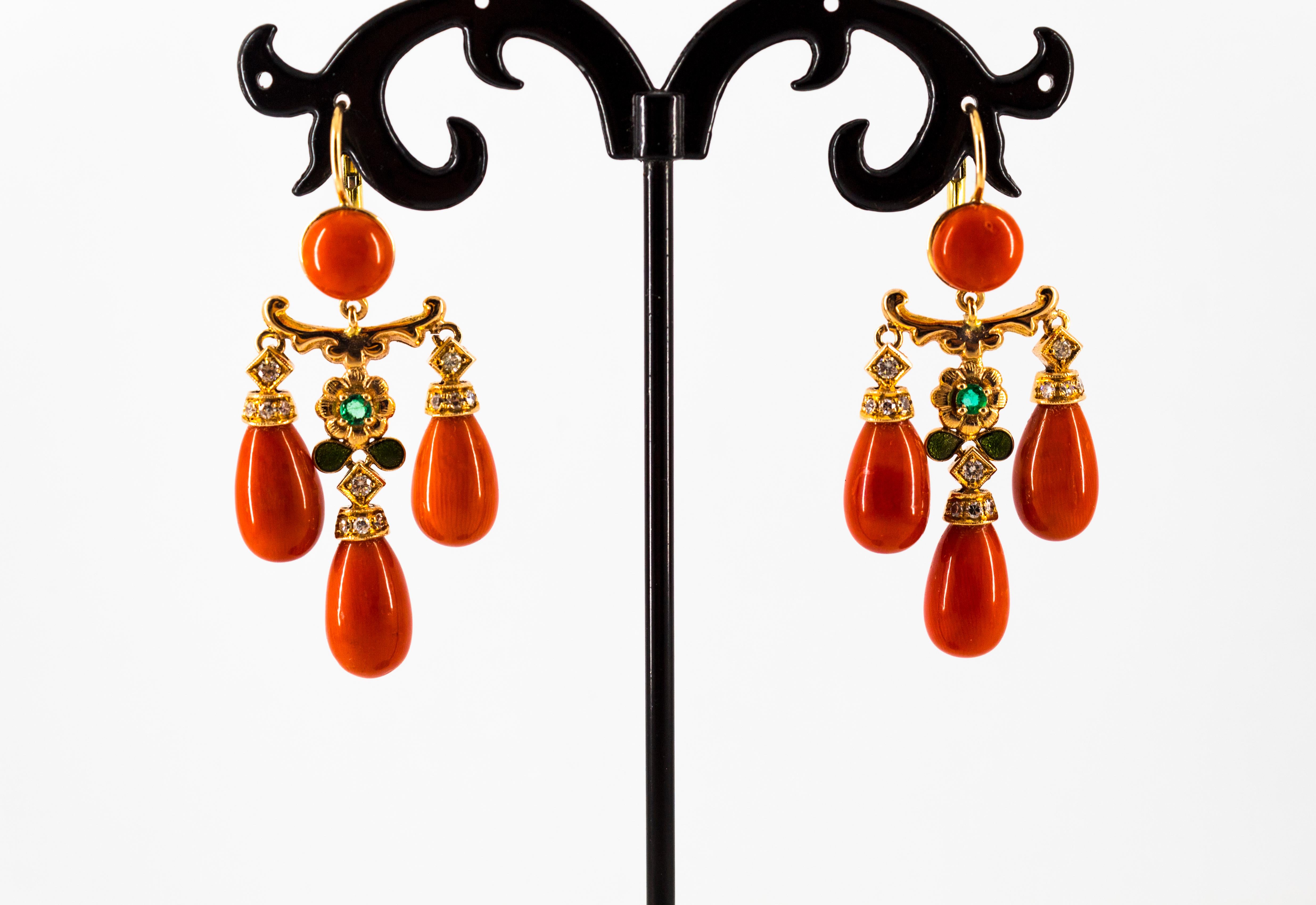 Mediterranean Coral 0.44 Carat White Diamond Emerald Yellow Gold Drop Earrings For Sale 1