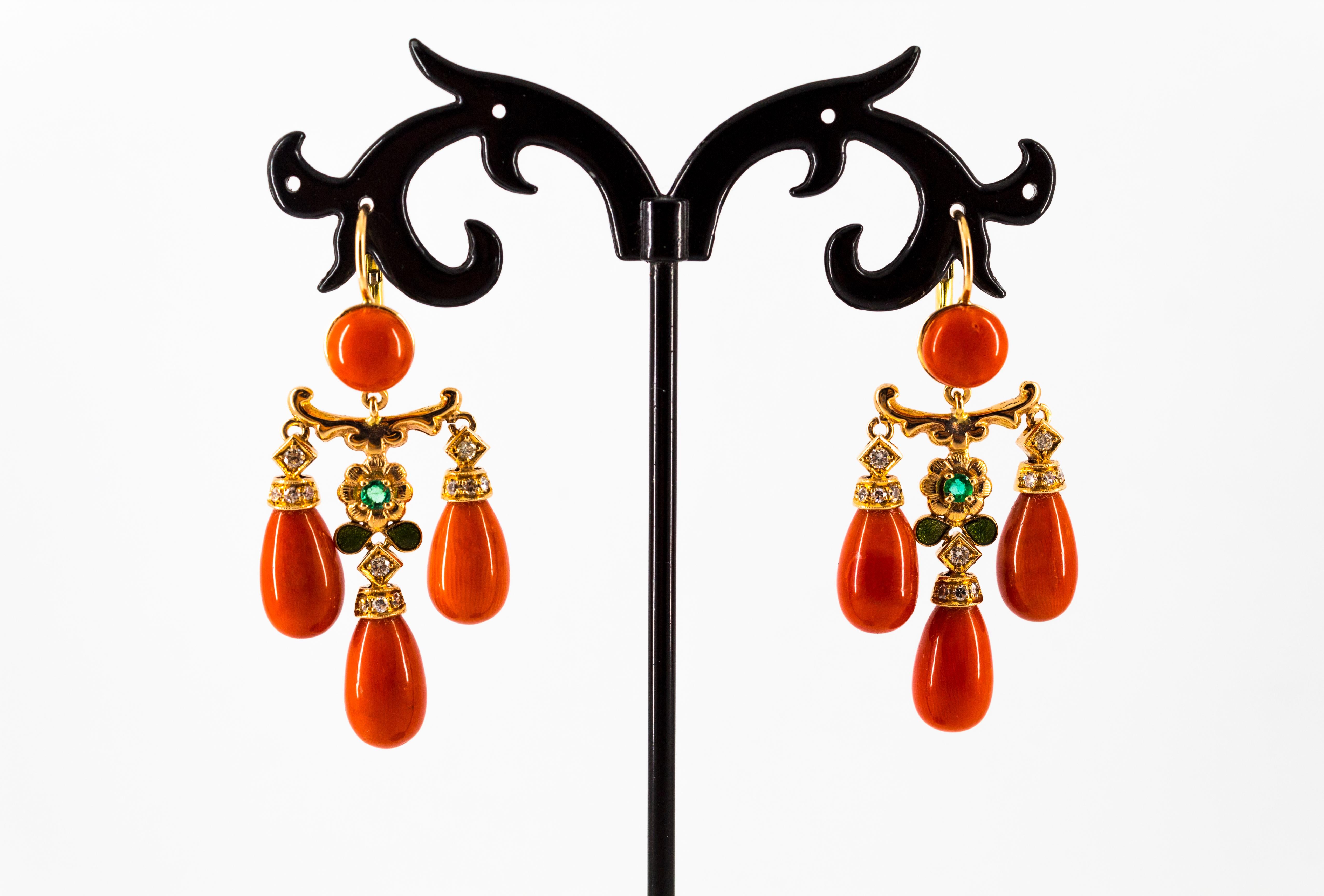 Mediterranean Coral 0.44 Carat White Diamond Emerald Yellow Gold Drop Earrings For Sale 2