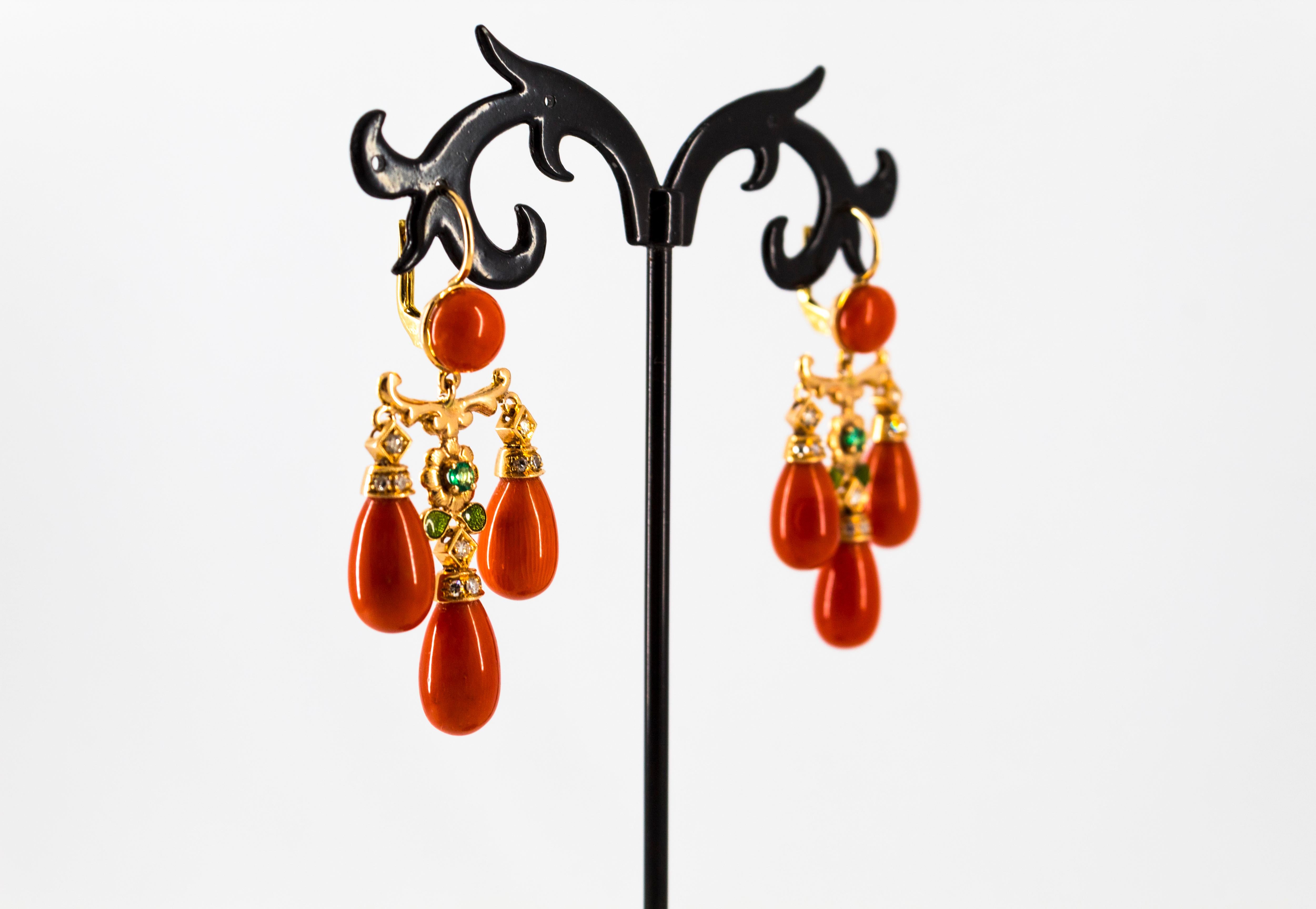 Mediterranean Coral 0.44 Carat White Diamond Emerald Yellow Gold Drop Earrings For Sale 3