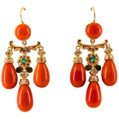 Mediterranean Coral 0.44 Carat White Diamond Emerald Yellow Gold Drop Earrings