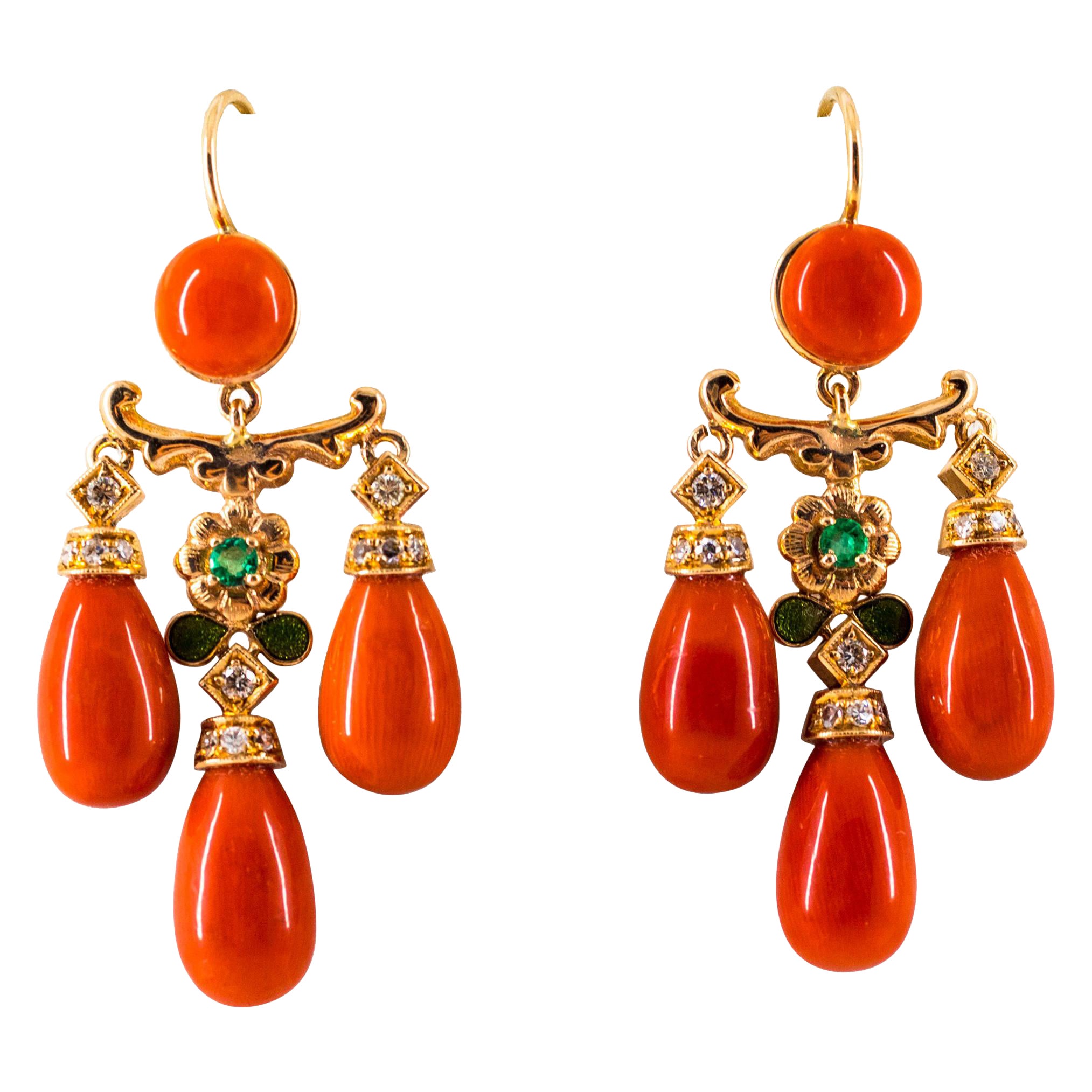 Mediterranean Coral 0.44 Carat White Diamond Emerald Yellow Gold Drop Earrings For Sale