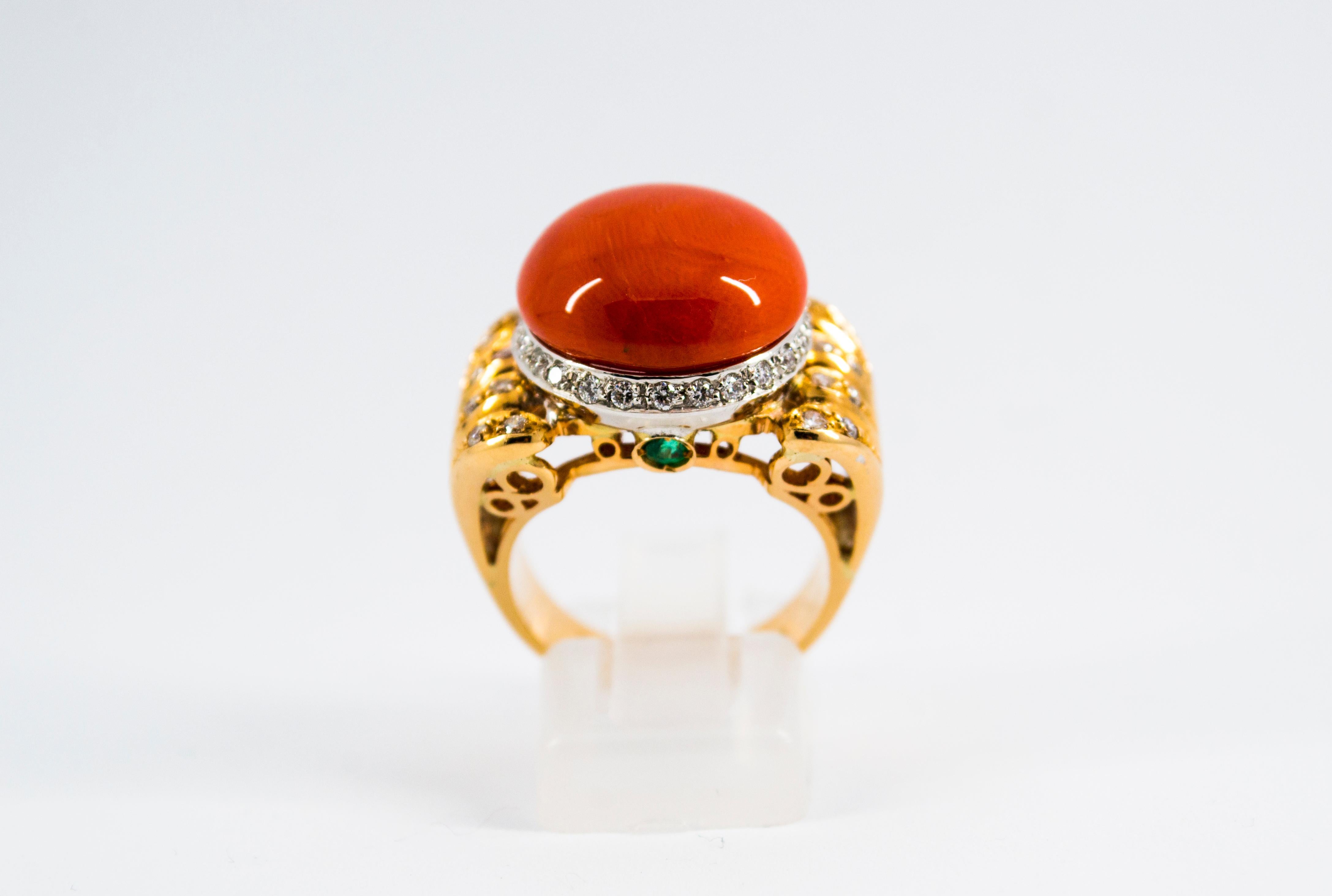 This Ring is made of 14K Yellow Gold.
This Ring has 0.70 Carats of White Diamonds.
This Ring has 0.10 Carats of Emeralds.
This Ring has Mediterranean (Sardinia, Italy) Red Coral.
Size ITA: 14 USA: 7 
We're a workshop so every piece is handmade,