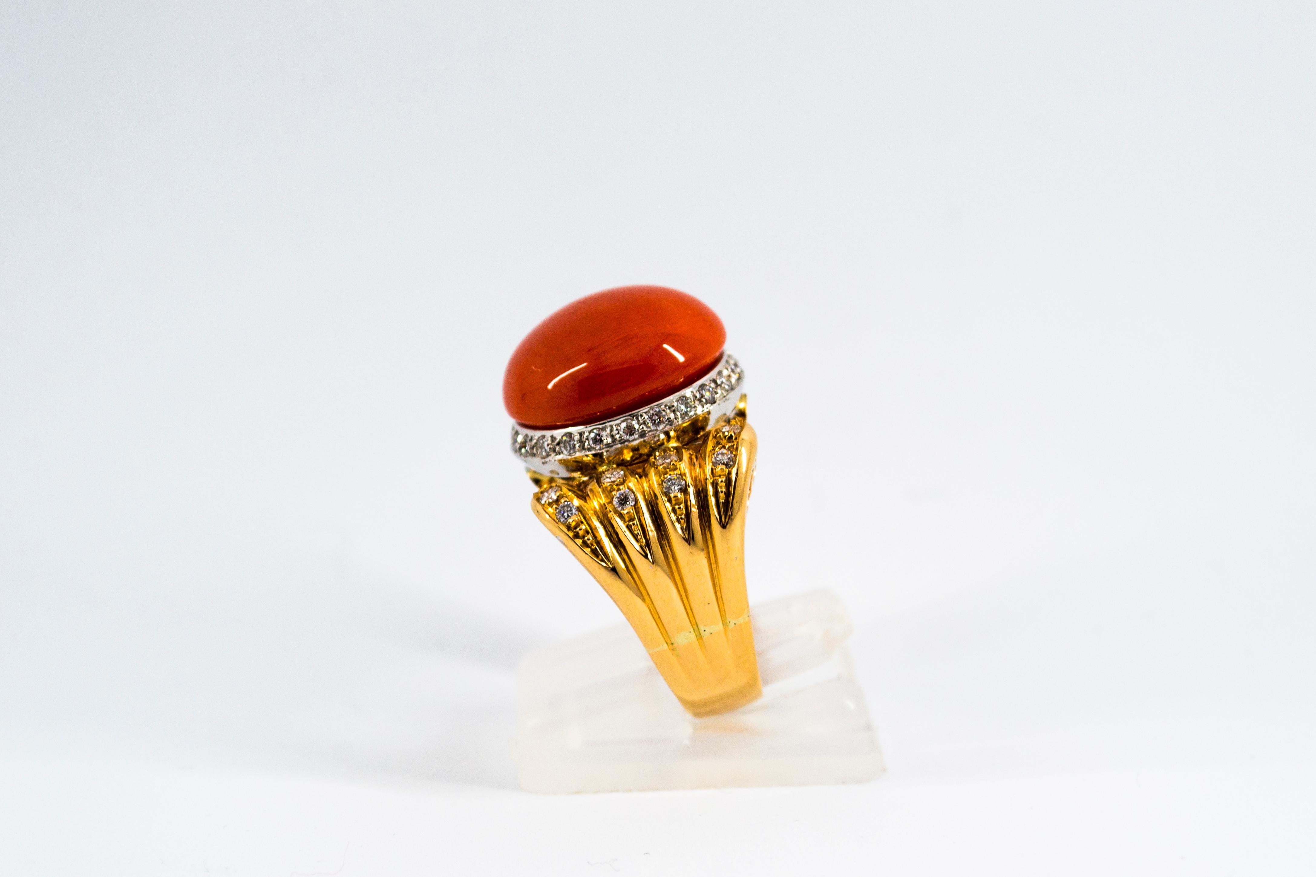 Women's or Men's Mediterranean Coral 0.80 Carat White Diamond Emerald Yellow Gold Cocktail Ring