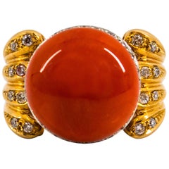 Mediterranean Coral 0.80 Carat White Diamond Emerald Yellow Gold Cocktail Ring