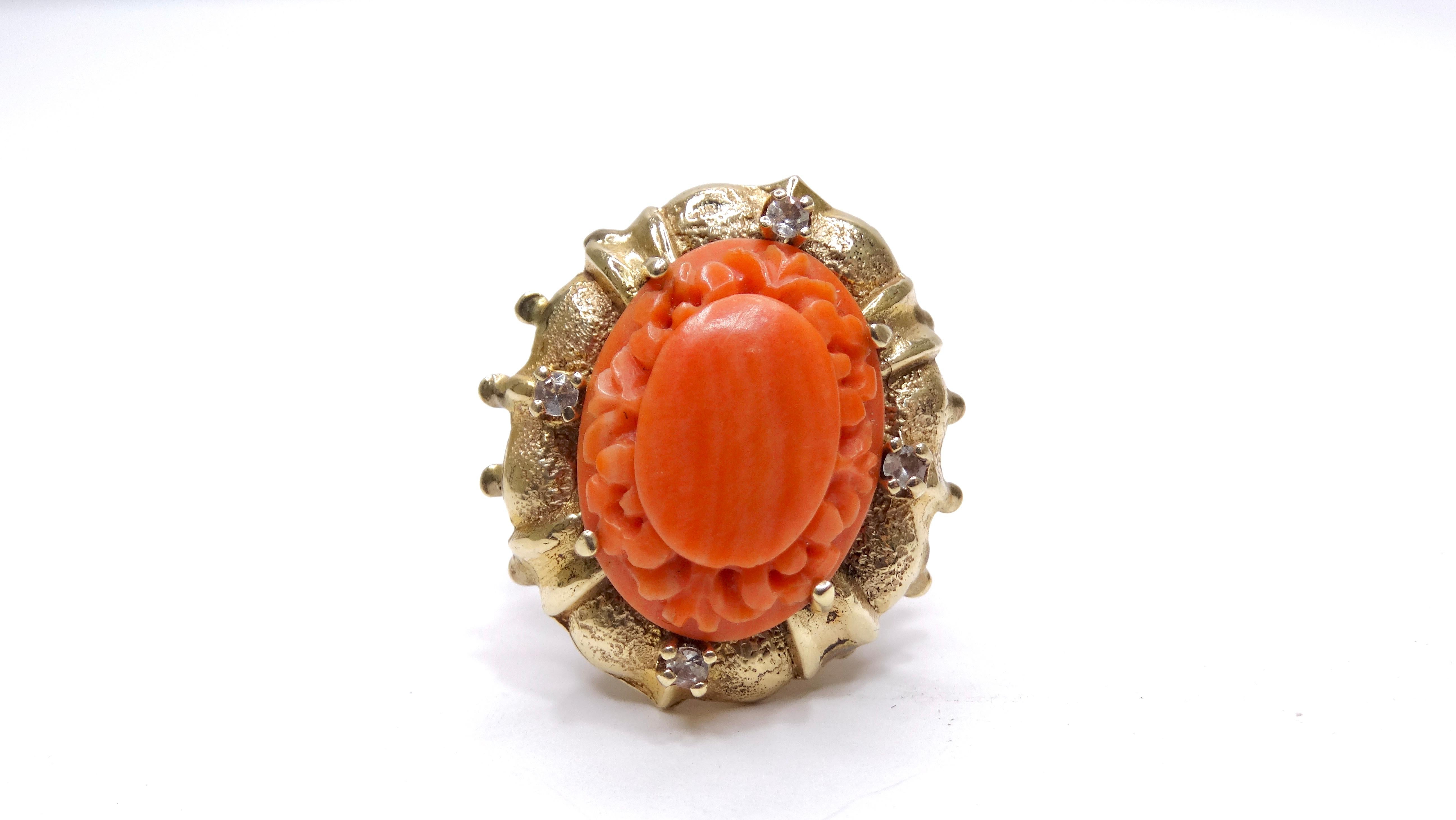 Round Cut Mediterranean Coral 14k Gold Cocktail Ring with Diamonds For Sale