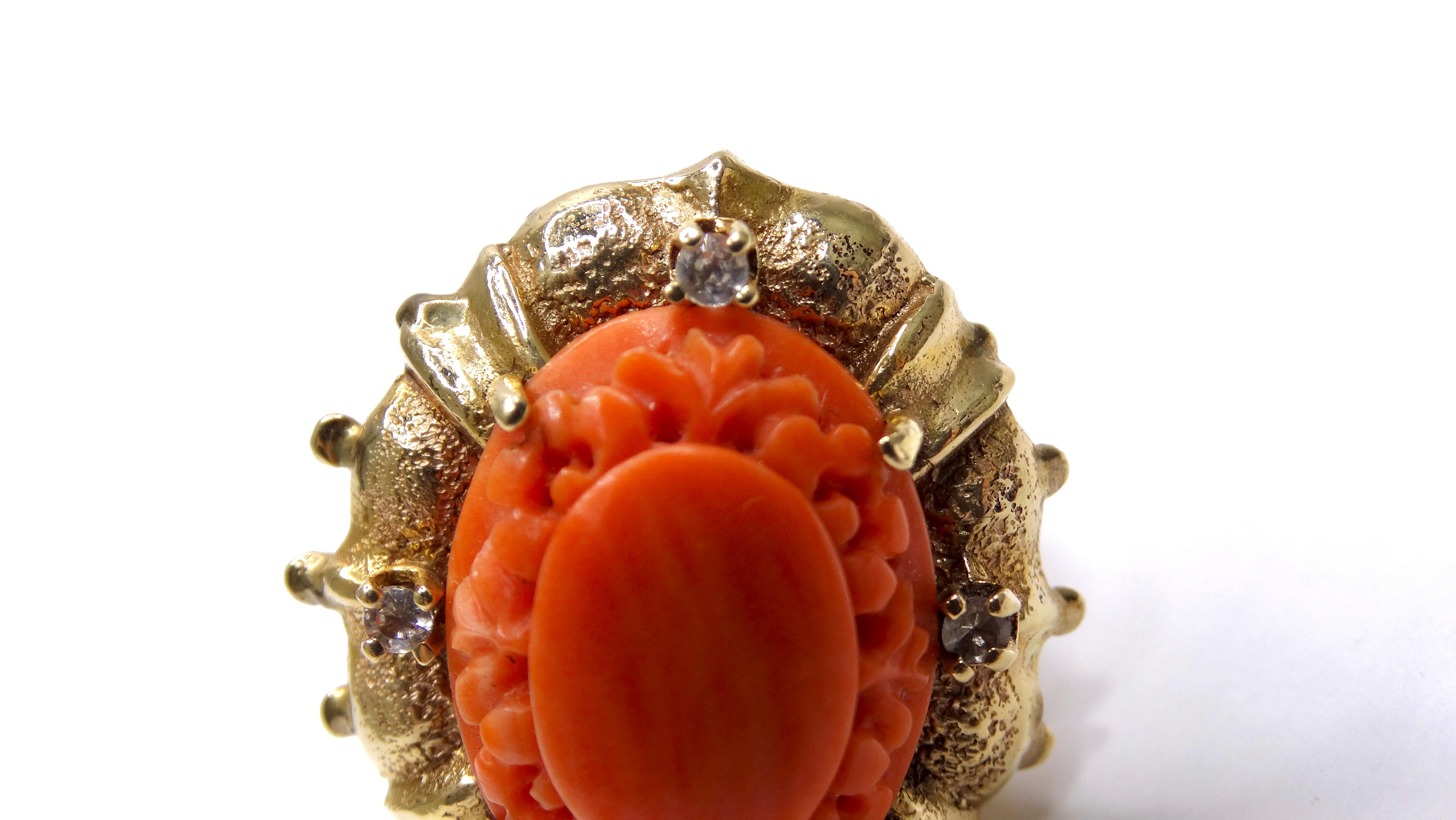 Women's Mediterranean Coral 14k Gold Cocktail Ring with Diamonds For Sale