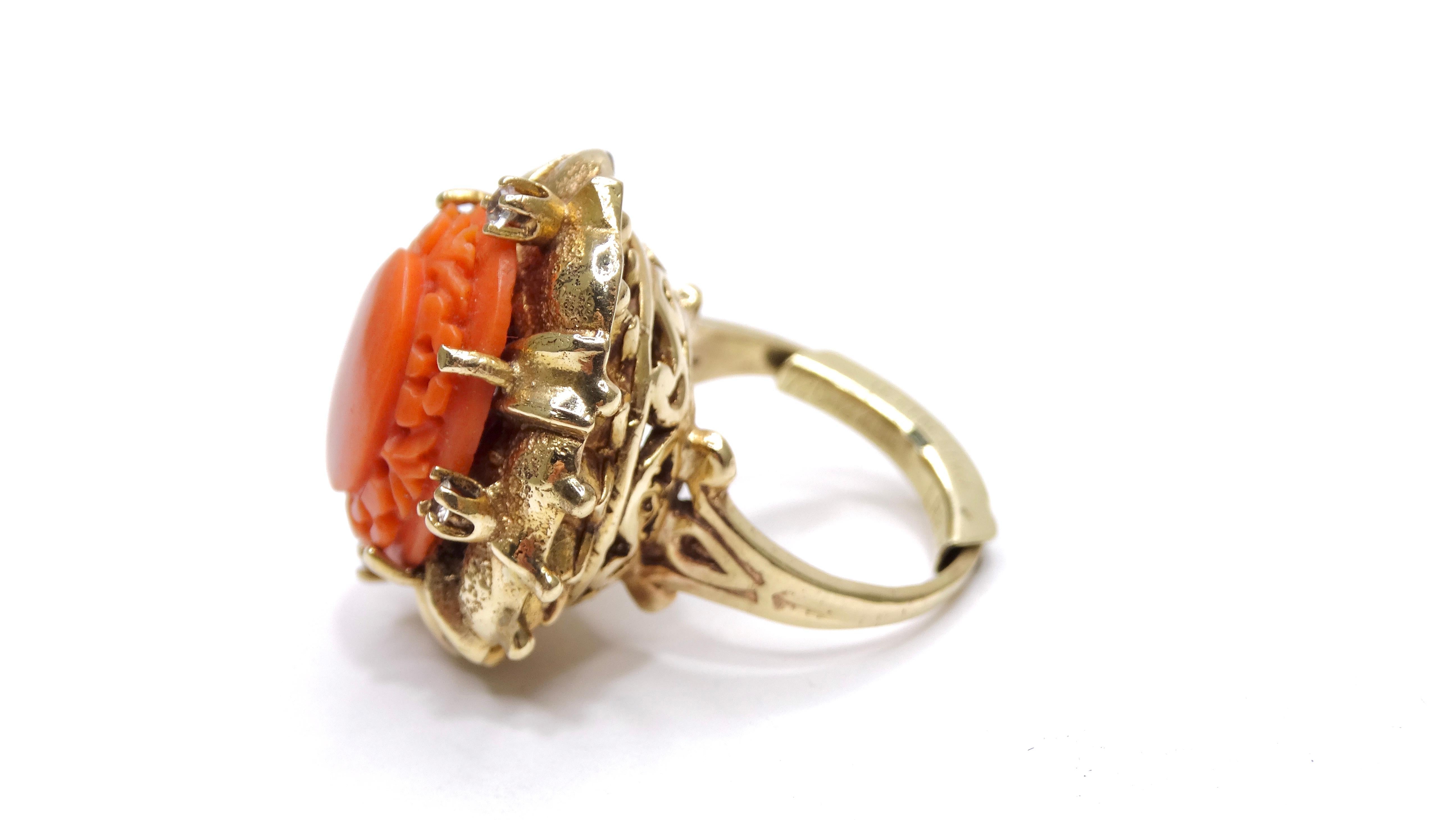 Mediterranean Coral 14k Gold Cocktail Ring with Diamonds For Sale 1
