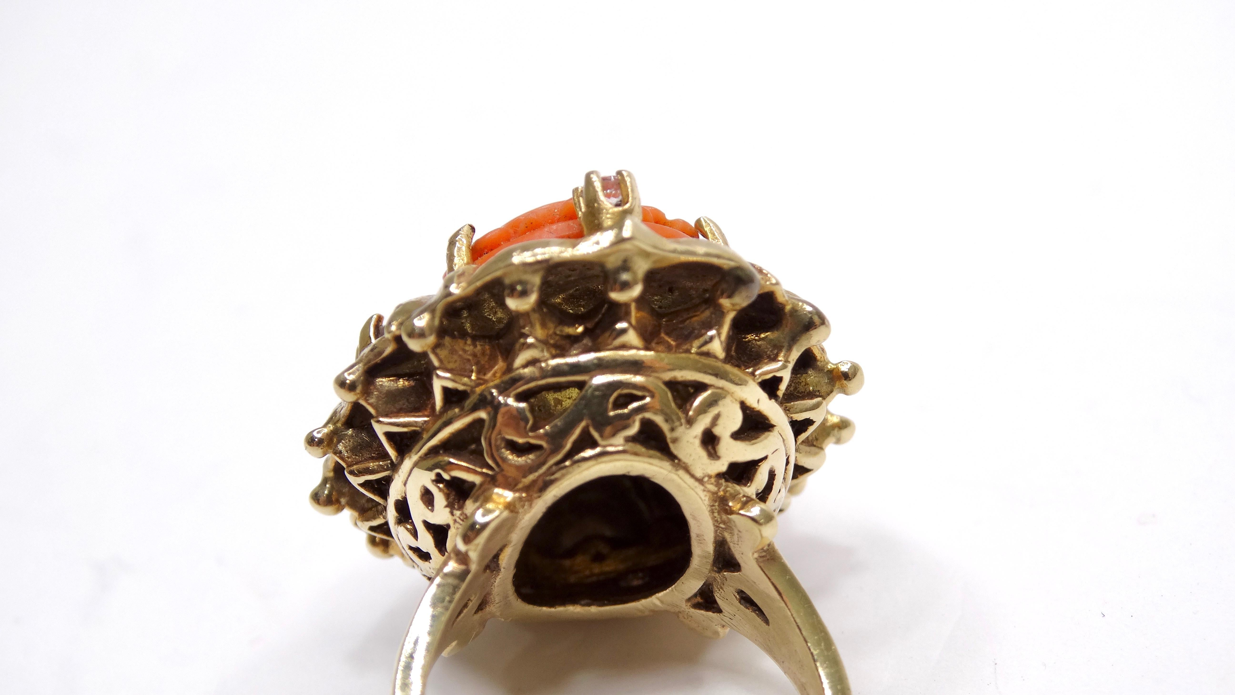 Mediterranean Coral 14k Gold Cocktail Ring with Diamonds For Sale 2