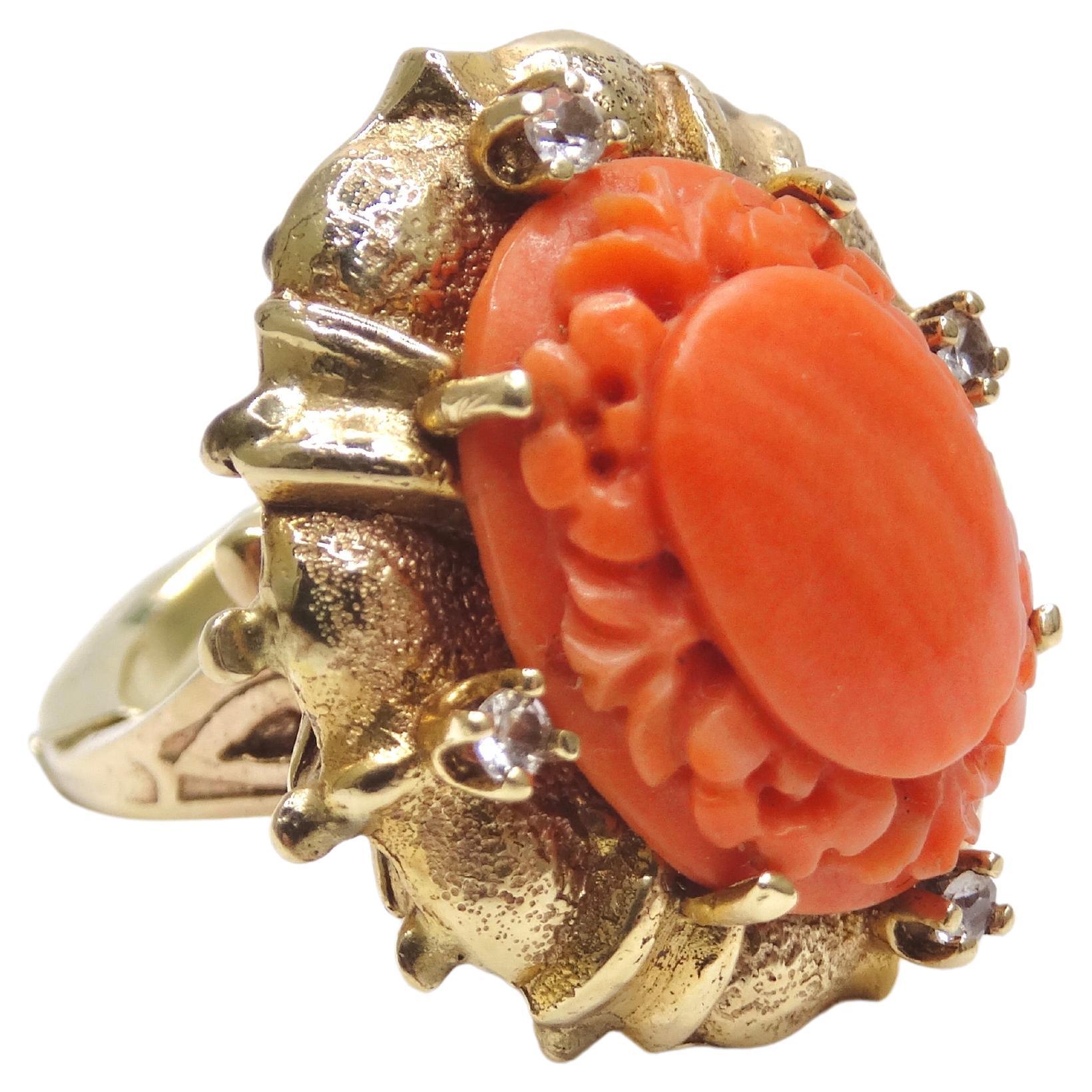 Mediterranean Coral 14k Gold Cocktail Ring with Diamonds For Sale
