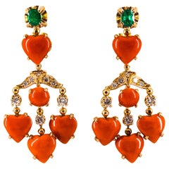 Mediterranean Coral 1.50 Carat White Diamond Emerald Yellow Gold Drop Earrings