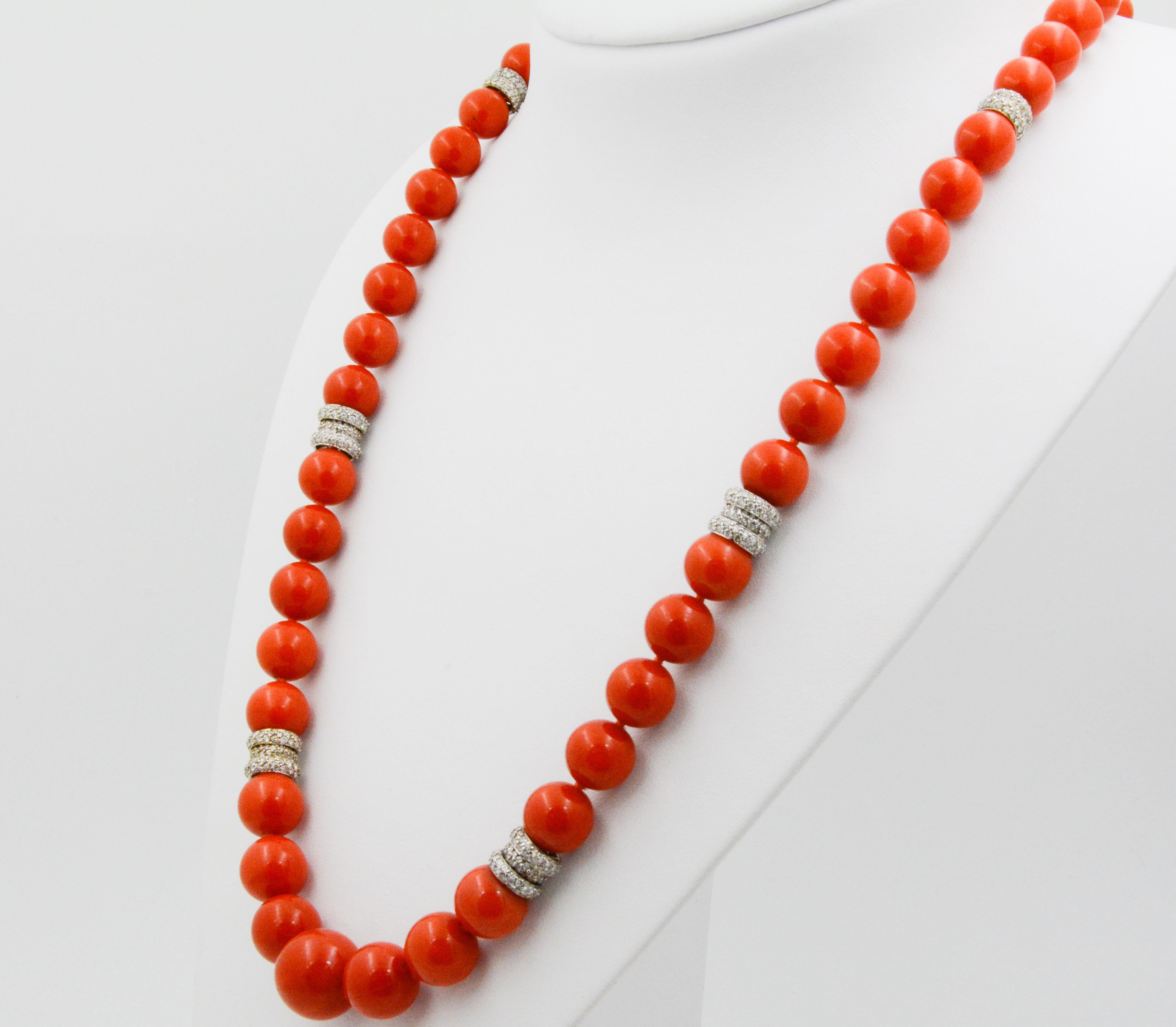 Modern Mediterranean Coral and Diamond Graduated Bead Necklace