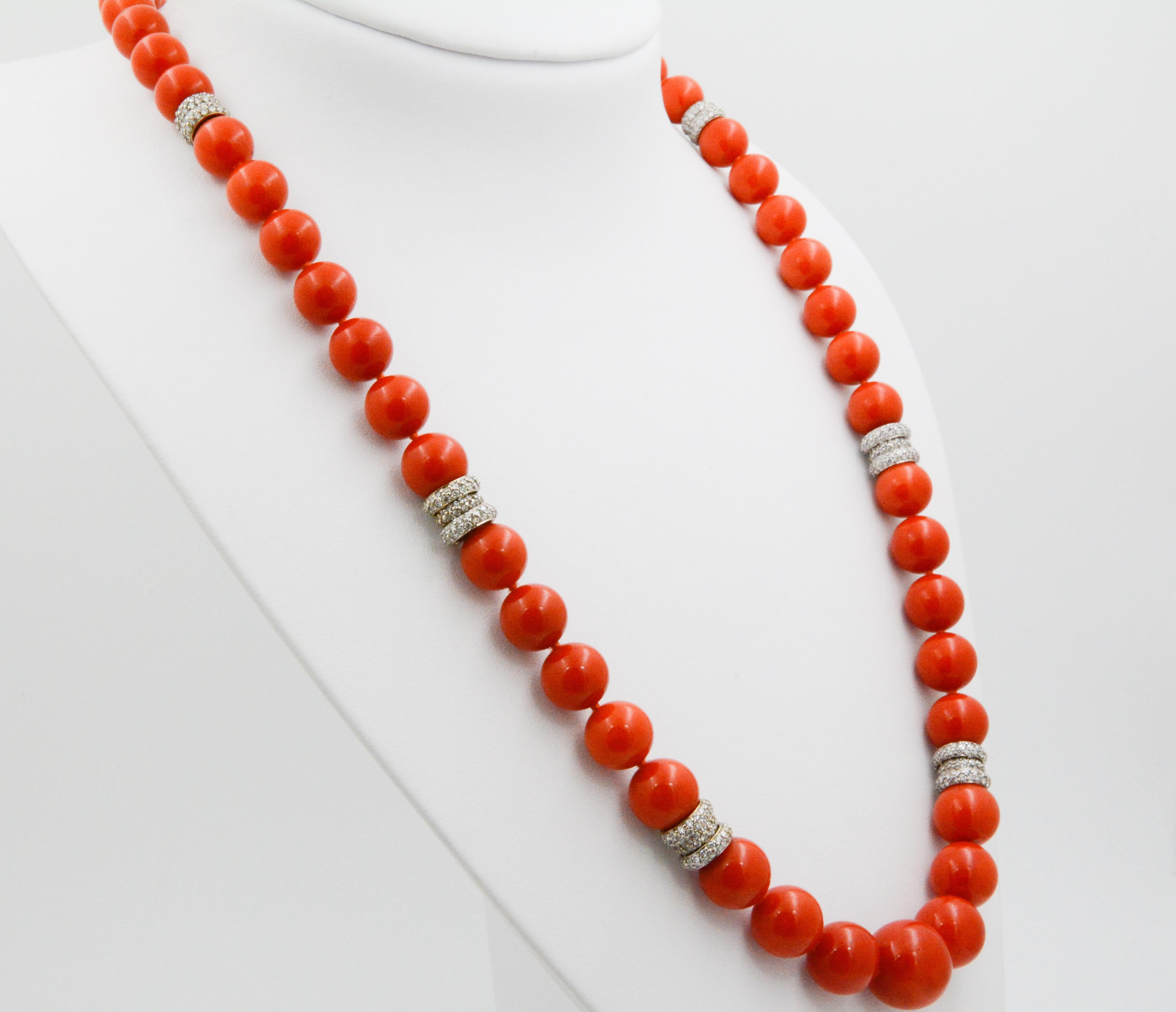 Round Cut Mediterranean Coral and Diamond Graduated Bead Necklace