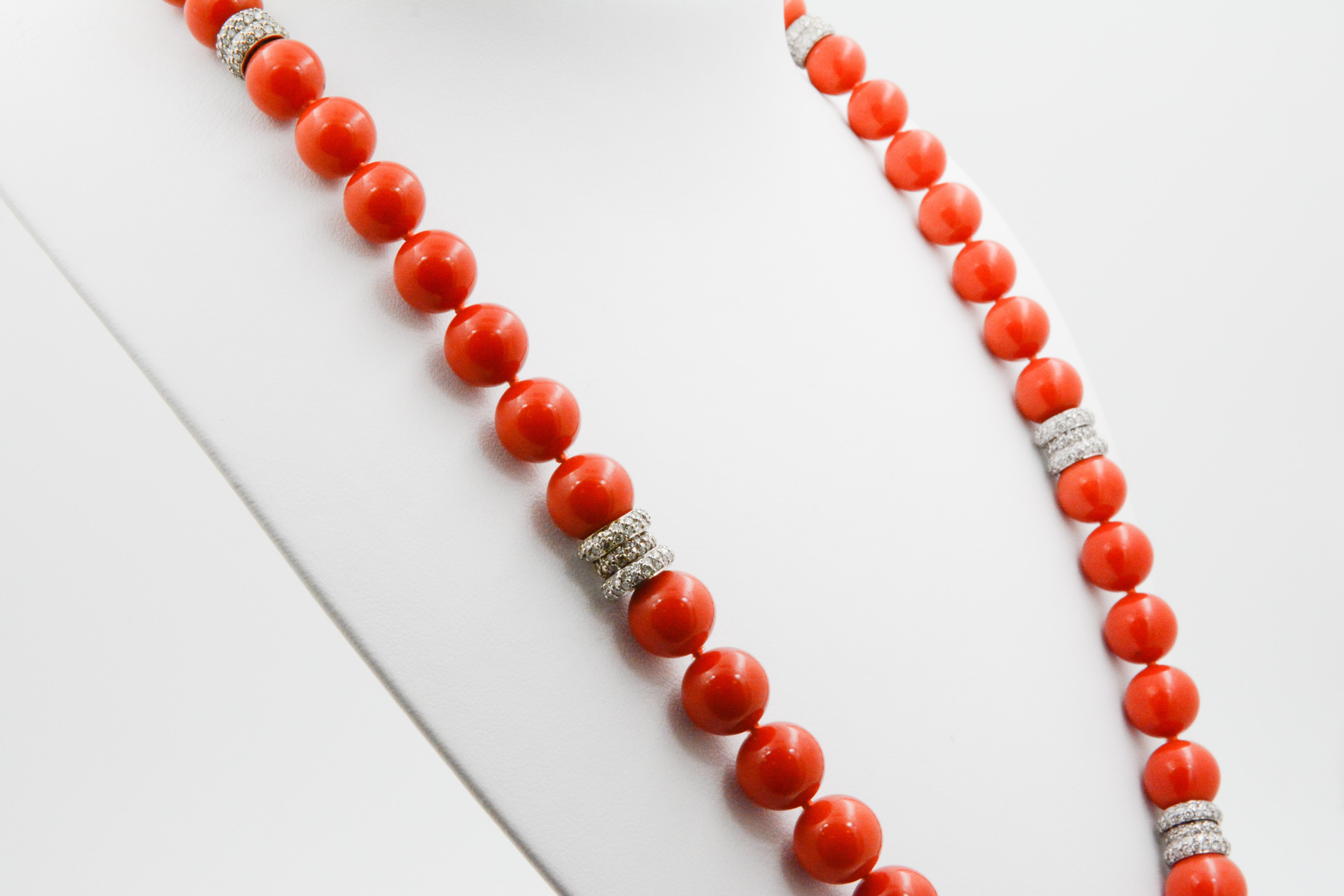 Women's Mediterranean Coral and Diamond Graduated Bead Necklace