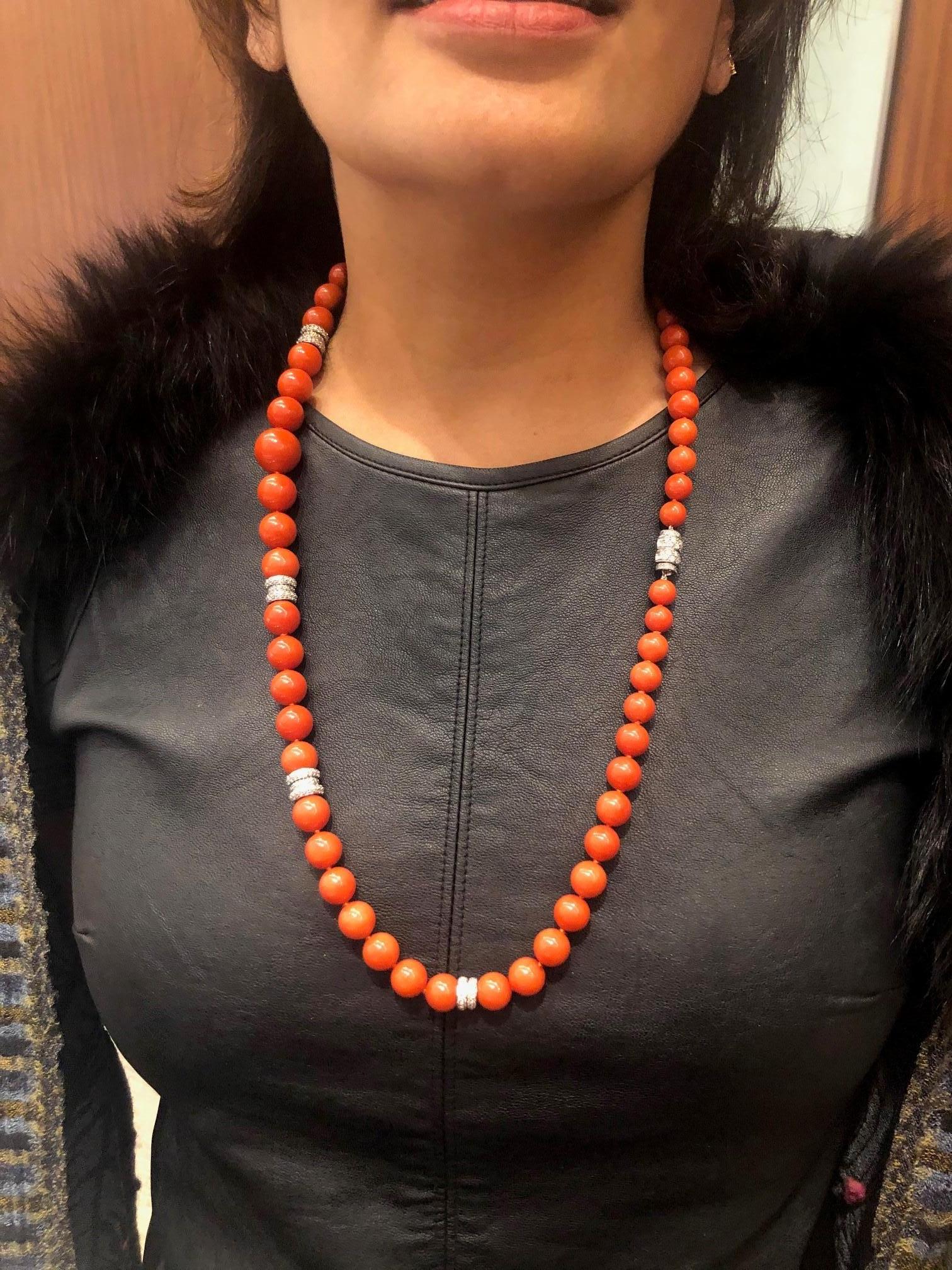 Mediterranean Coral and Diamond Graduated Bead Necklace 1
