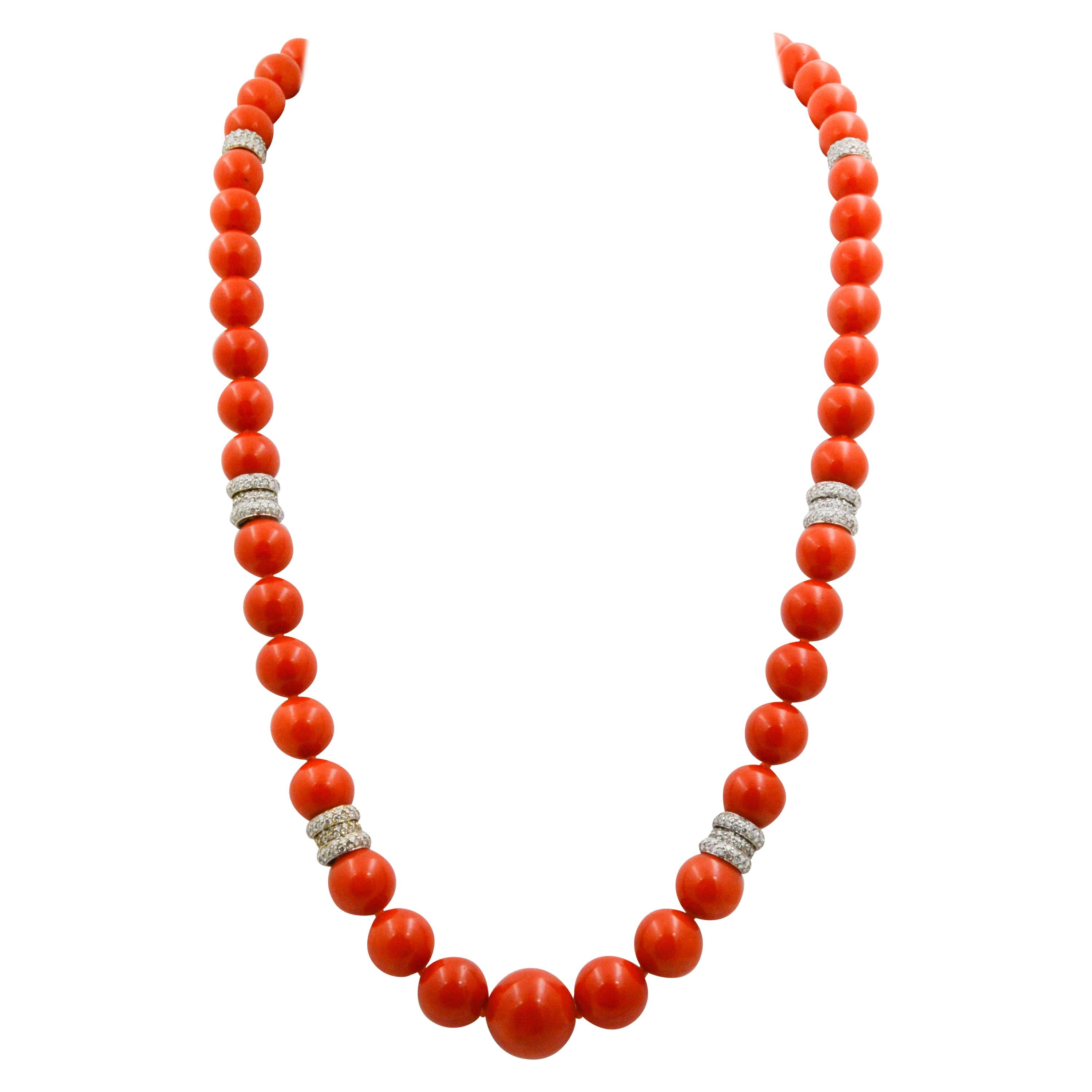 Mediterranean Coral and Diamond Graduated Bead Necklace