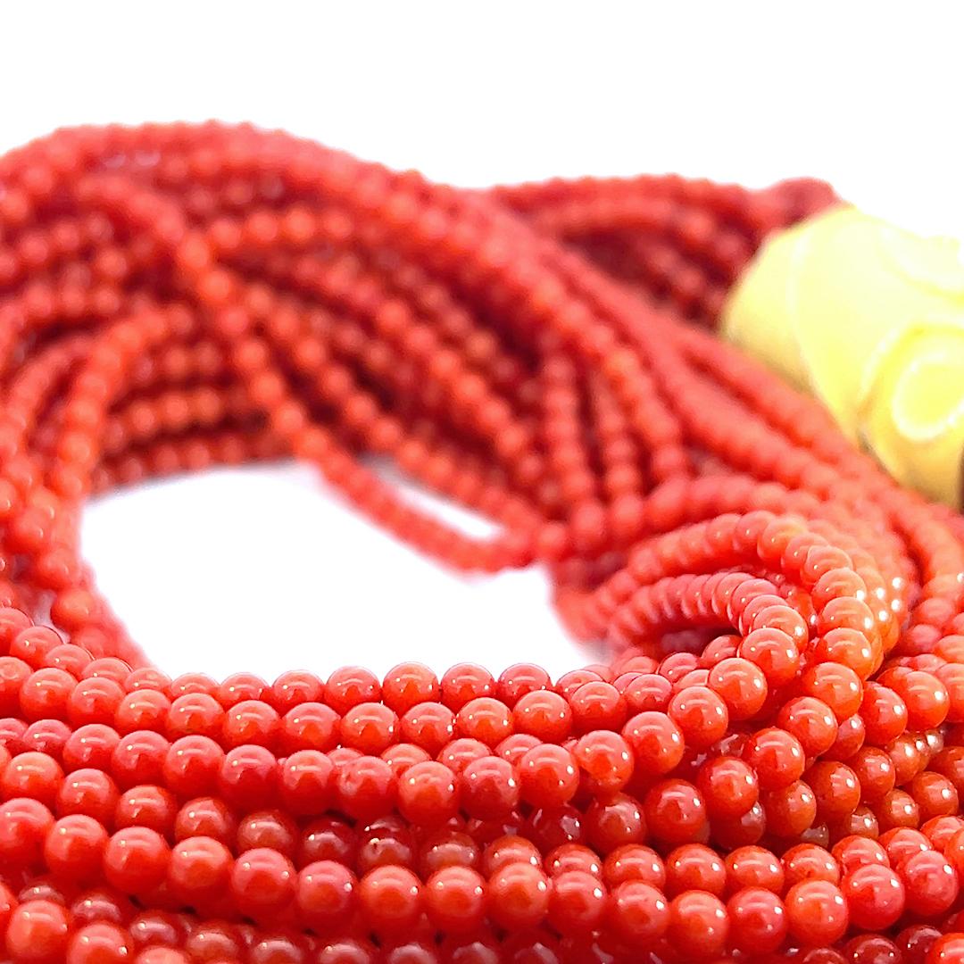 Mediterranean Coral Bead Necklace With 18 Karat Gold and Diamond Clasp  For Sale 9