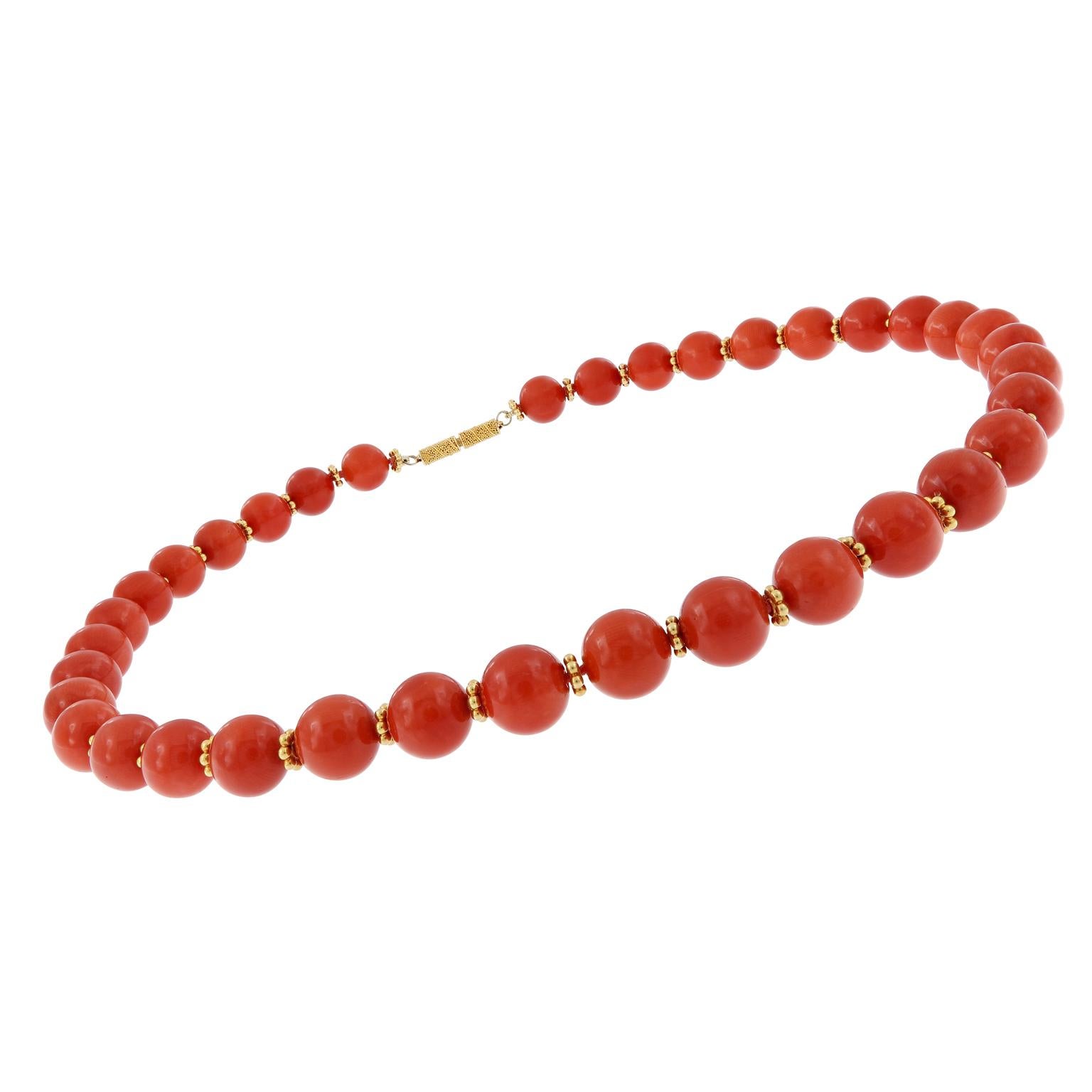 This natural coral is a sensuous deep orangish red. It creates a soft flattering glow when worn. The weight and warmth of exquisite coral is indescribable. The increasing price and rarity of quality coral make the gem a good investment. This