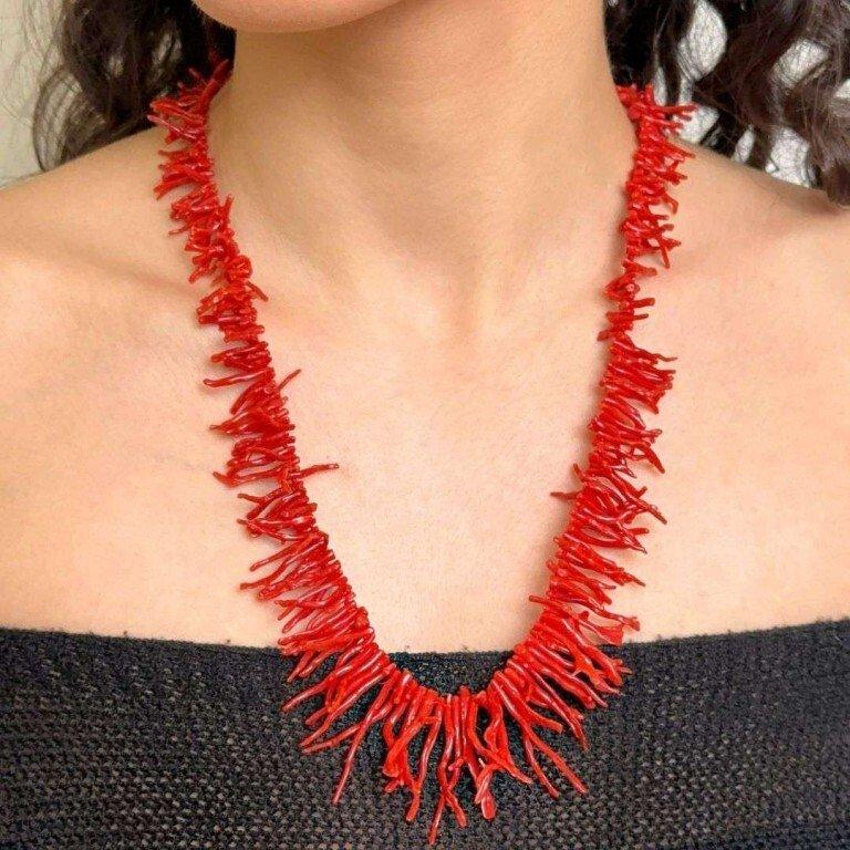 Artisan Mediterranean Coral Branch 14K Gold Necklace For Sale