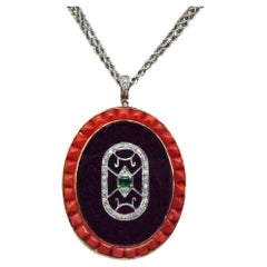 Vintage Mediterranean Coral, Diamonds, Emerald and Black Onyx Pendant in 18 Karat Gold