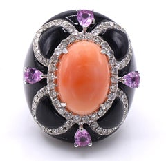 Mediterranean Coral Pink Sapphire Diamond Platinum Cocktail Ring