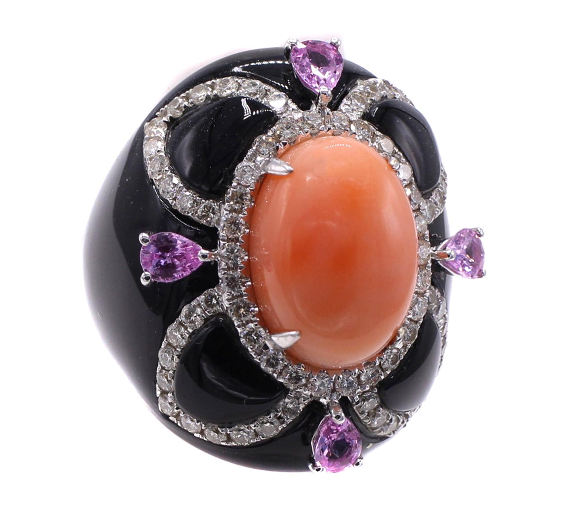 Contemporary Mediterranean Coral Pink Sapphire Diamond Platinum Cocktail Ring  For Sale
