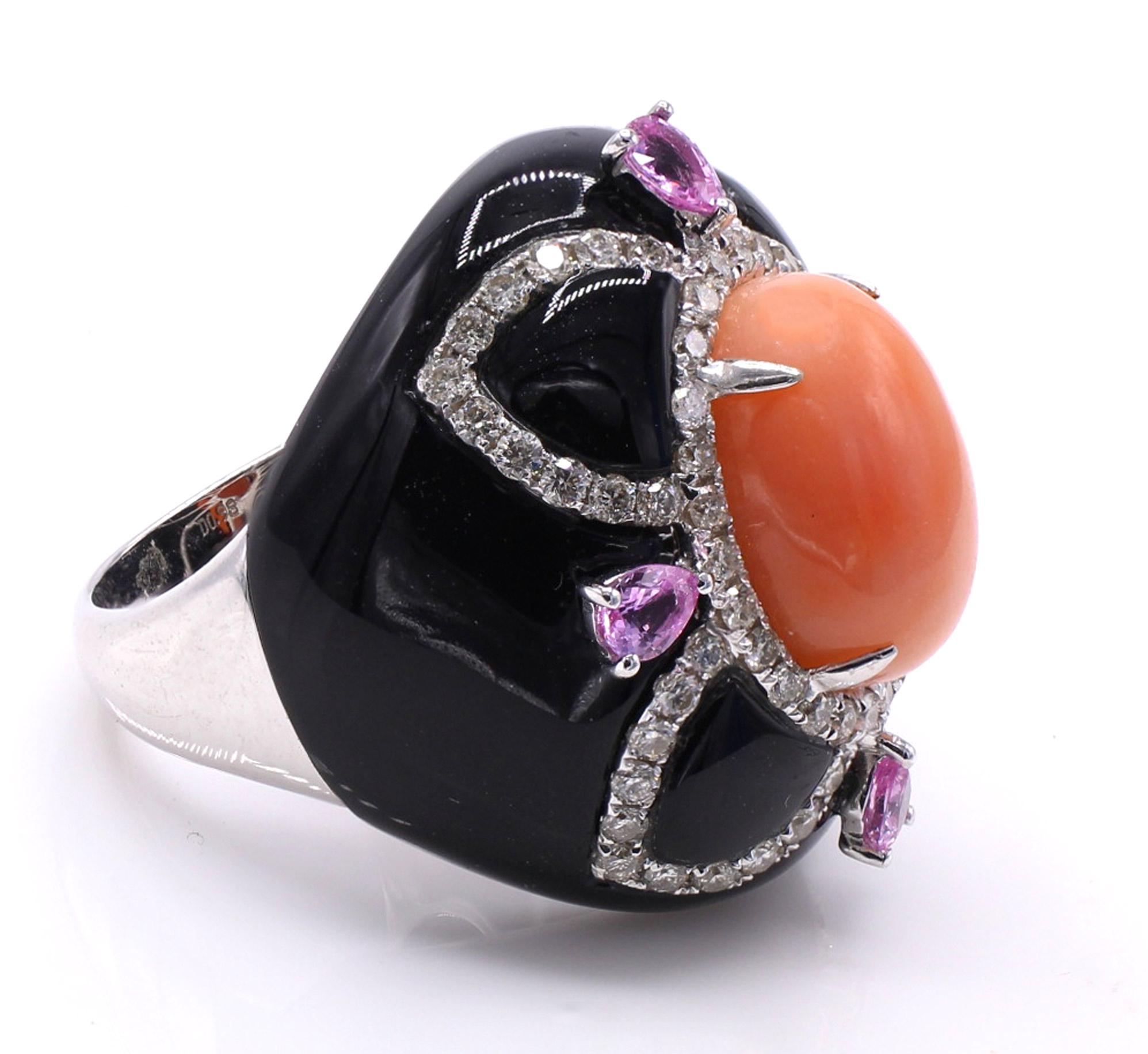 Mixed Cut Mediterranean Coral Pink Sapphire Diamond Platinum Cocktail Ring  For Sale