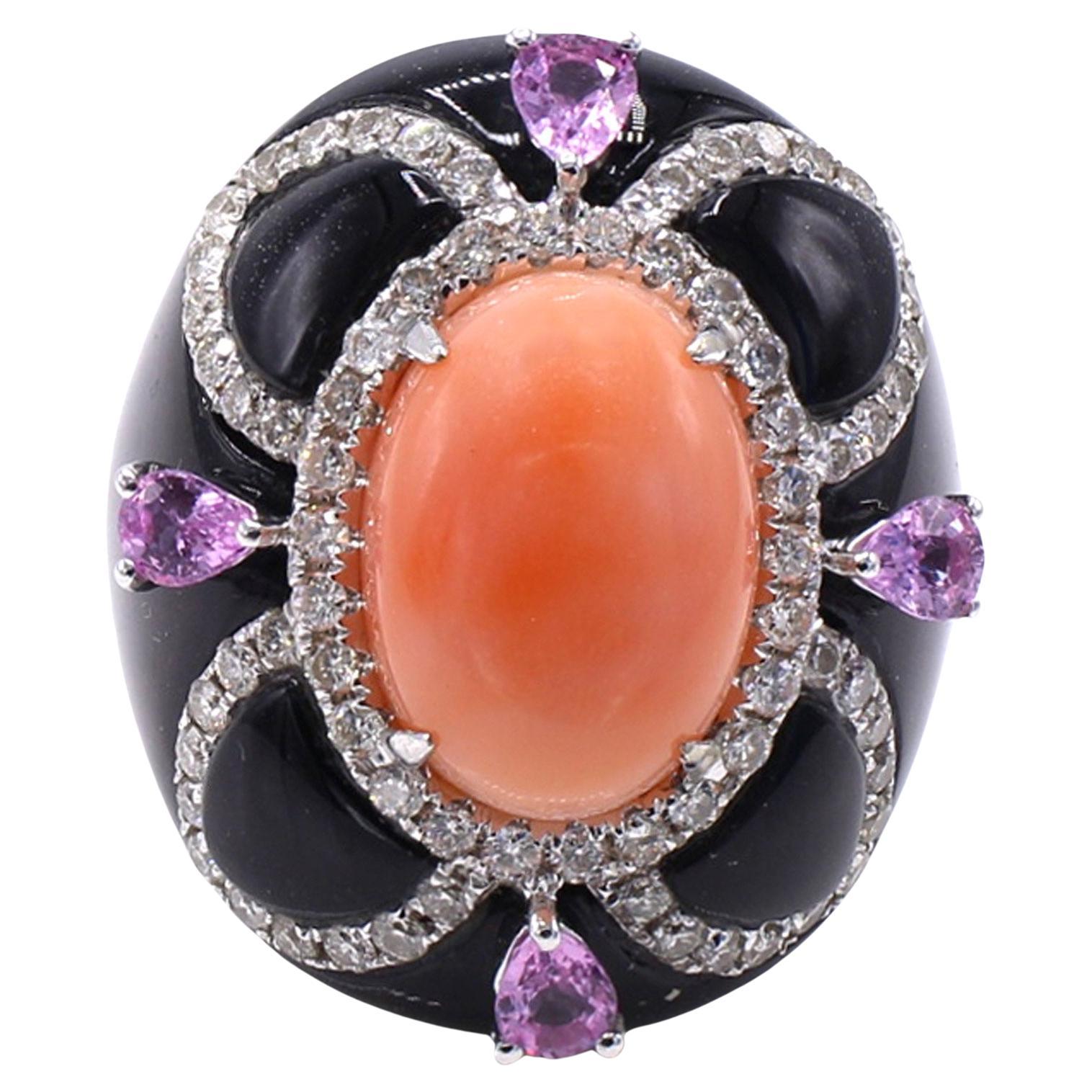 Mediterranean Coral Pink Sapphire Diamond Platinum Cocktail Ring  For Sale