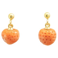 Mediterranean Coral Strawberry 18 Karat Gold Dangle Drop Chic Cocktail Earrings