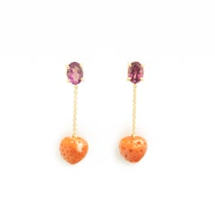 Mediterranean Coral Strawberry 18 Karat Gold Rhodolite Drop Cocktail Earrings
