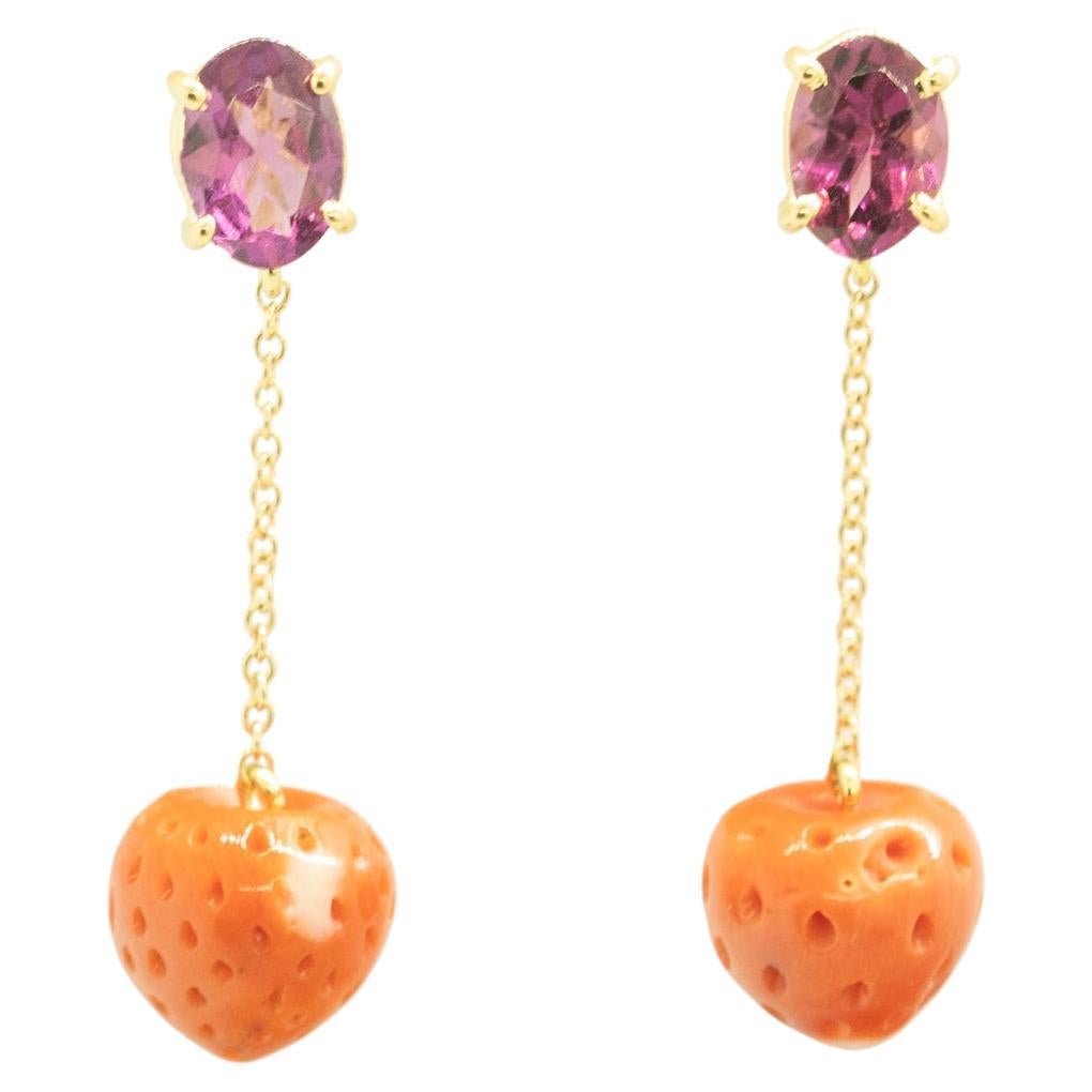 Mediterranean Coral Strawberry 18 Karat Gold Rhodolite Drop Cocktail Earrings