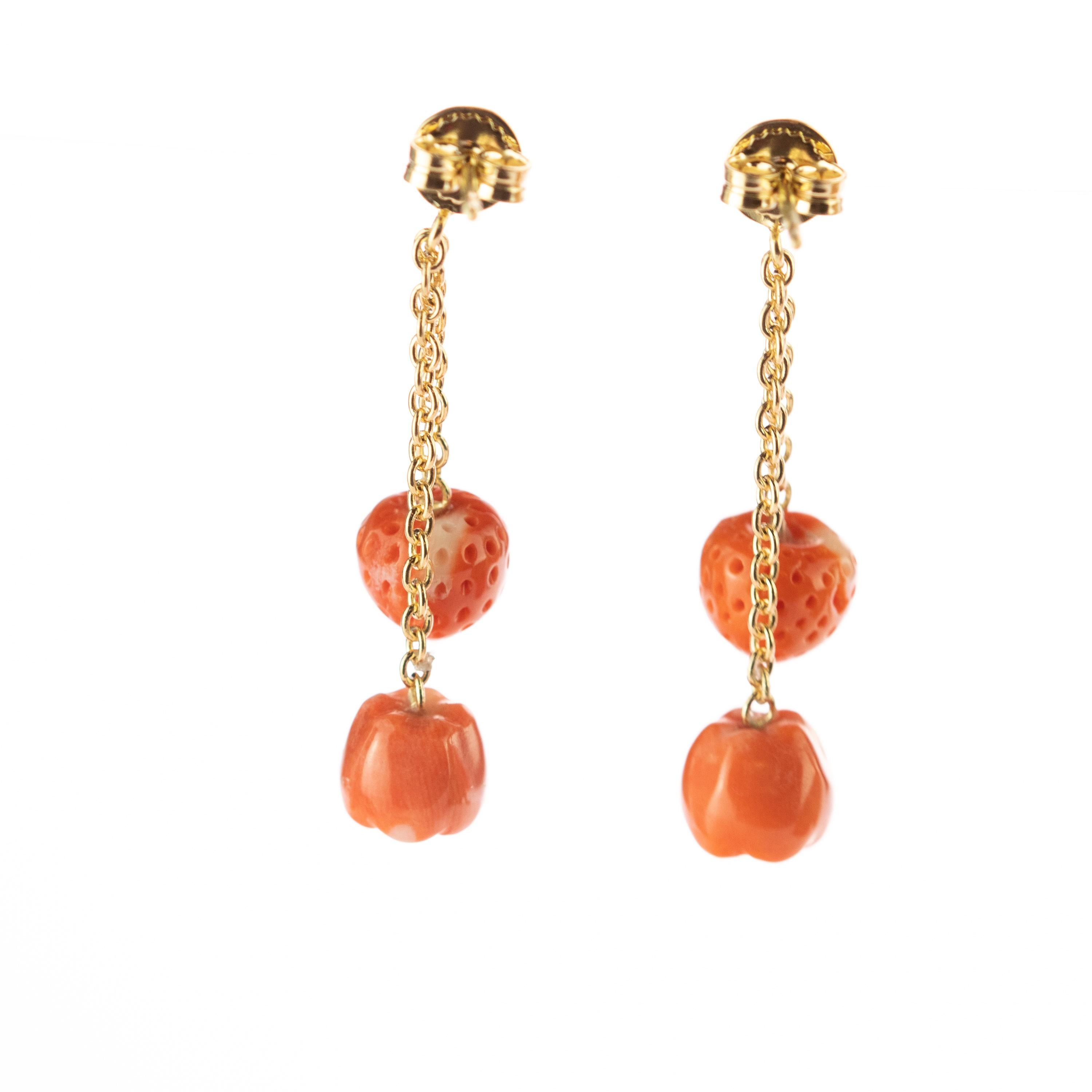 Mediterranean Coral Strawberry Apple 18 Karat Gold Chain Drop Cocktail Earrings For Sale 5