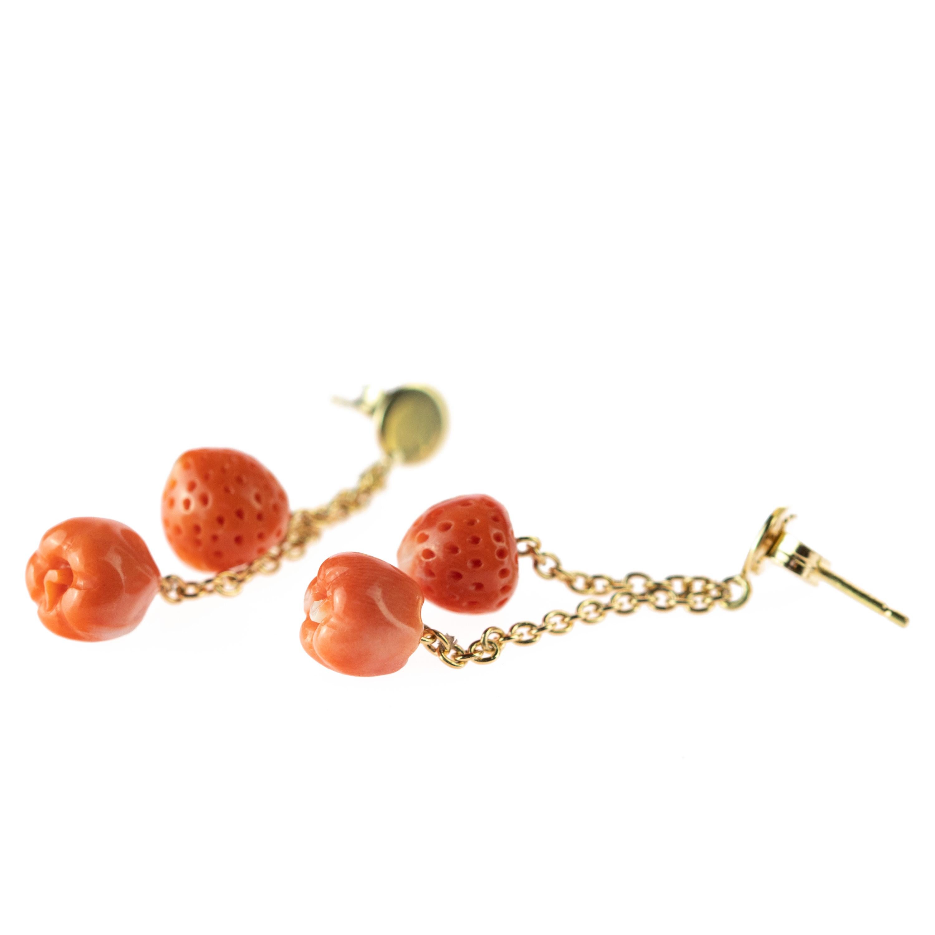 Mediterranean Coral Strawberry Apple 18 Karat Gold Chain Drop Cocktail Earrings For Sale 6