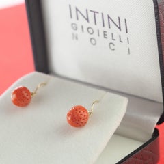 Mediterranean Coral Strawberry Apple 18 Karat Gold Drop Cocktail Chic Earrings