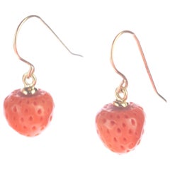 Mediterranean Coral Strawberry Apple 18 Karat Gold Drop Cocktail Chic Earrings