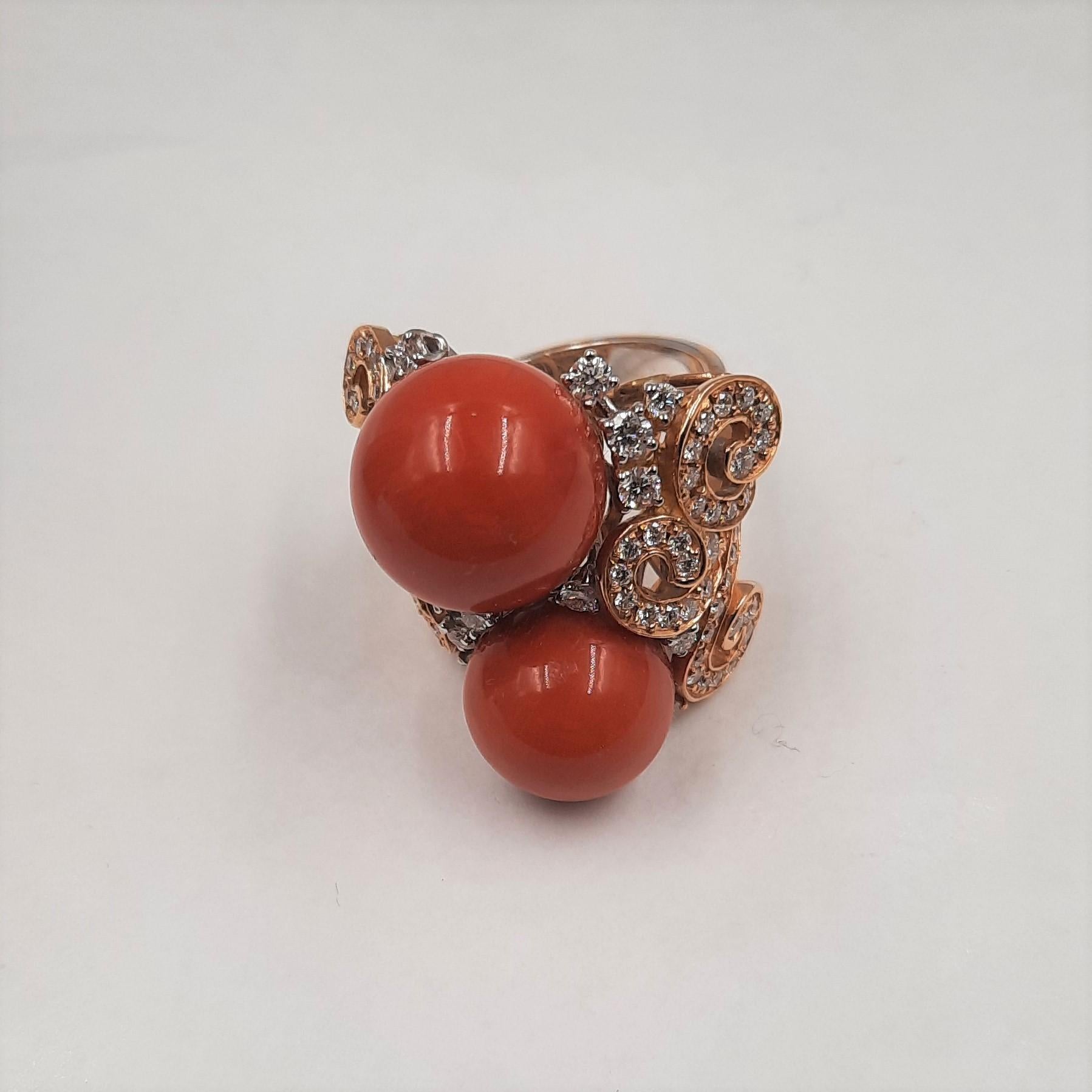 Mediterranean Coral White Brilliant Cut Diamond 18 Carats Rose White Gold Ring In New Condition For Sale In Marcianise, CE, IT