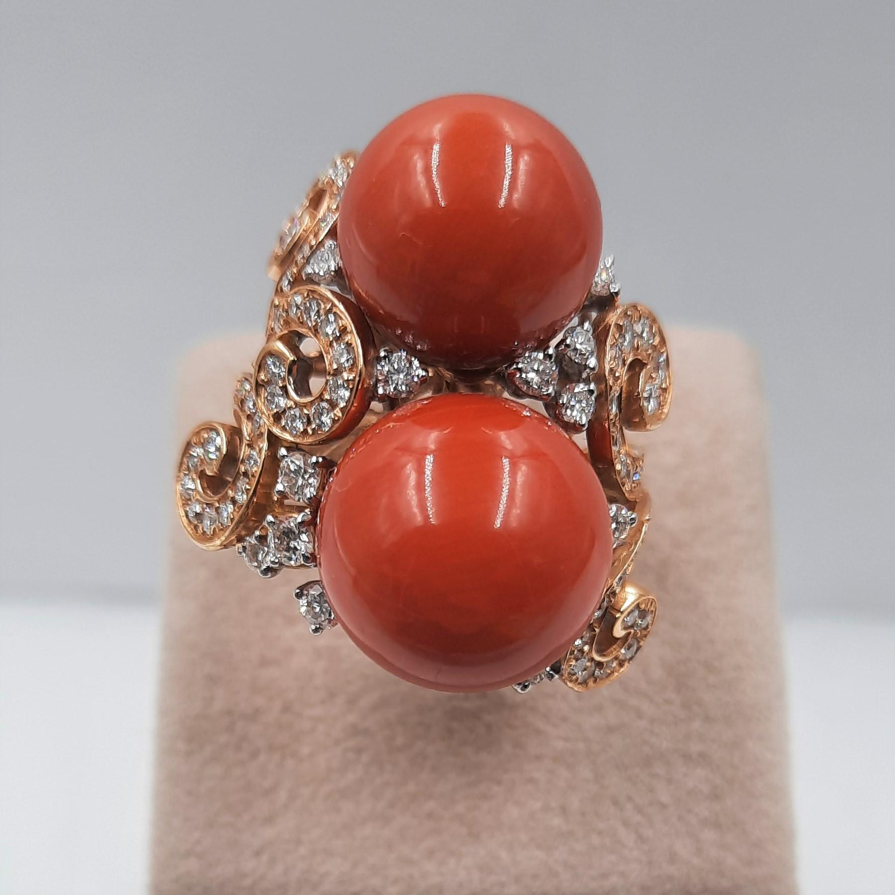 Women's Mediterranean Coral White Brilliant Cut Diamond 18 Carats Rose White Gold Ring For Sale