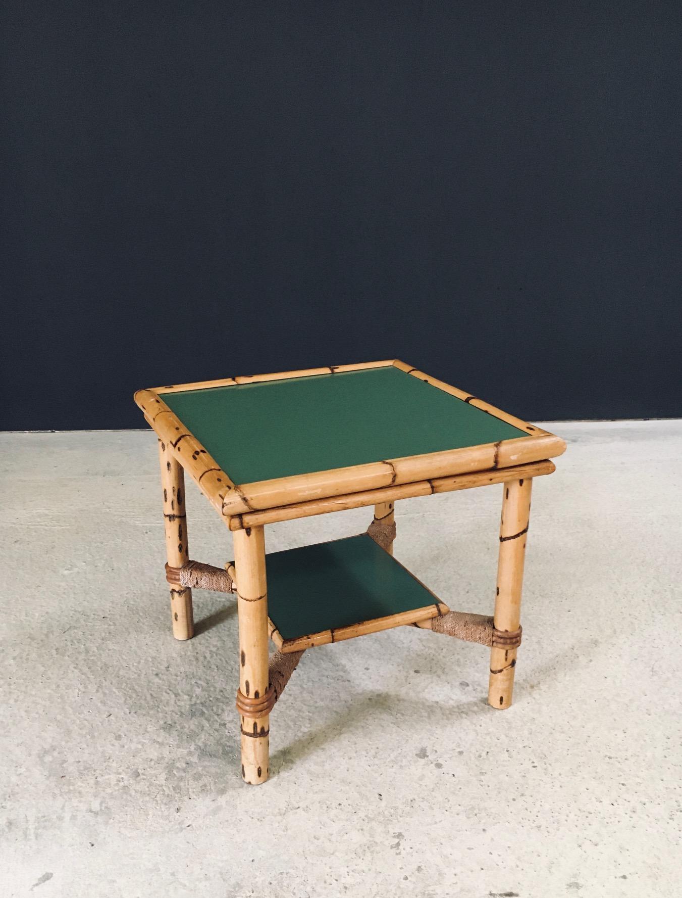 Vintage Midcentury Mediterranean Design Bamboo Square Side Table in the manner of Audoux Minet. Made in France, 1950's period. Bamboo constructed square side or coffee table finished with rope and green laminate tops. This comes in very good, all