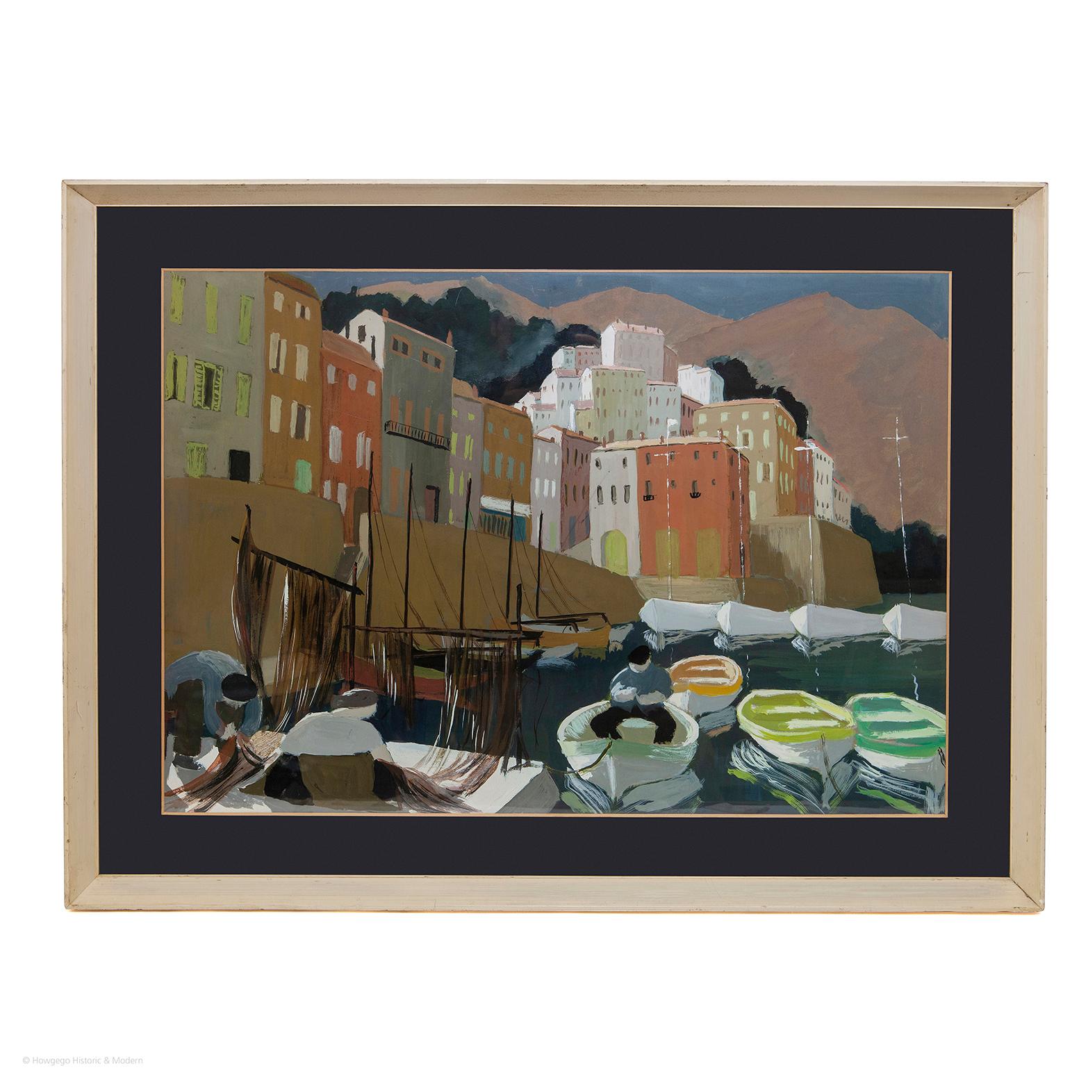 Mediterranean Fishing Village, Gouache, In original frame, Mid-Century Modern, artist unknown, c1950

Charming composition of fishermen mending their nets at the end of the day with the sunset reflected in the mountains beyond the coastal town.