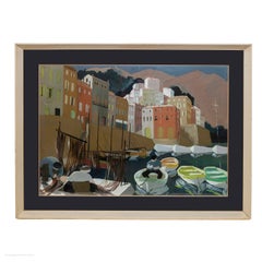 Mediterranean Fishing Village Mid-Century Modern Gouache c1950 Original Frame
