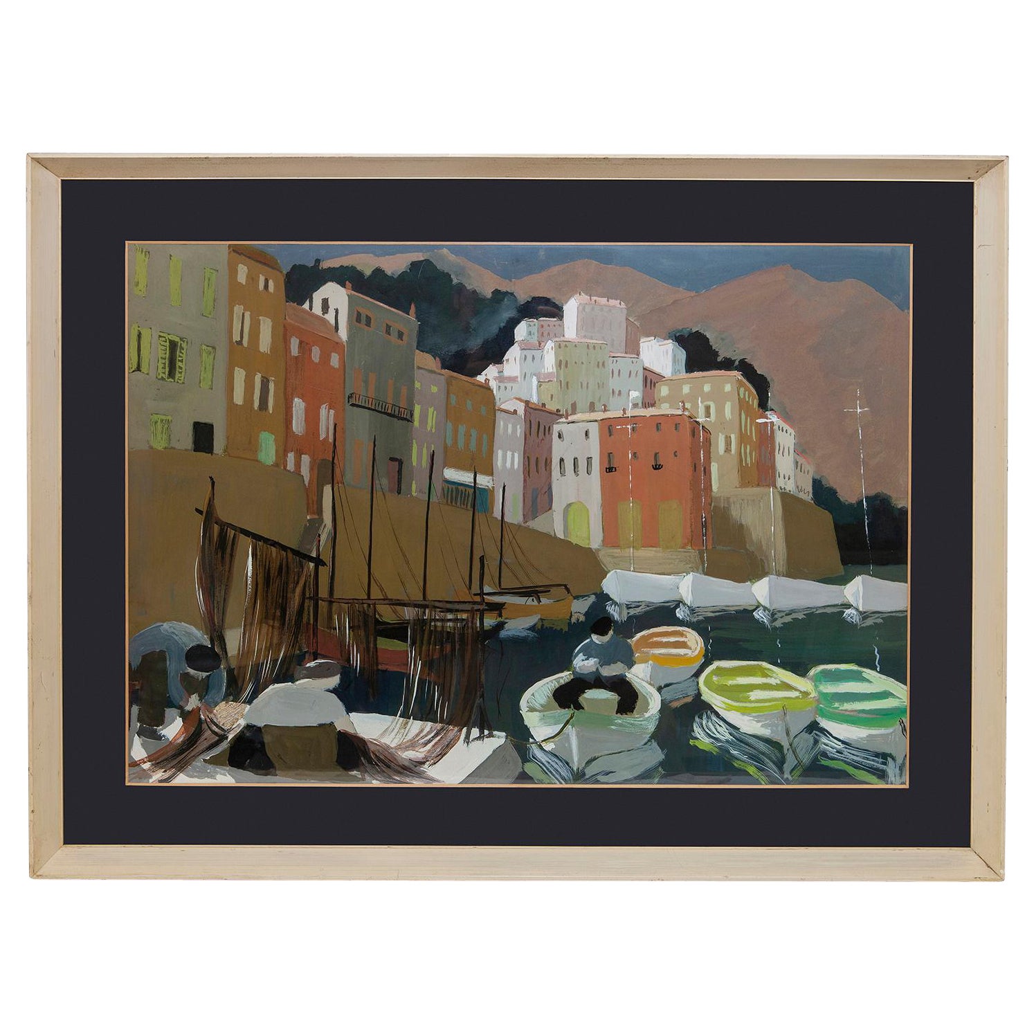 Mediterranes Fischerdorf Mitte des Jahrhunderts Moderne Gouache um 1950 Originalrahmen im Angebot