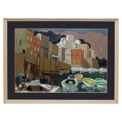 Mediterranes Fischerdorf Mitte des Jahrhunderts Moderne Gouache um 1950 Originalrahmen