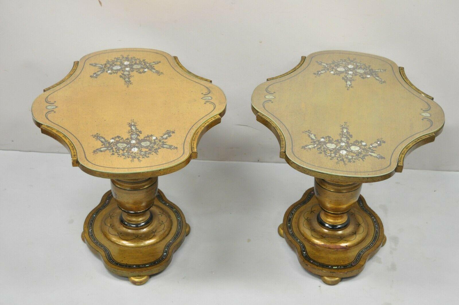 Mediterranean Gold Leaf Low Pedestal Side Tables Mother of Pearl Inlay, a Pair 3