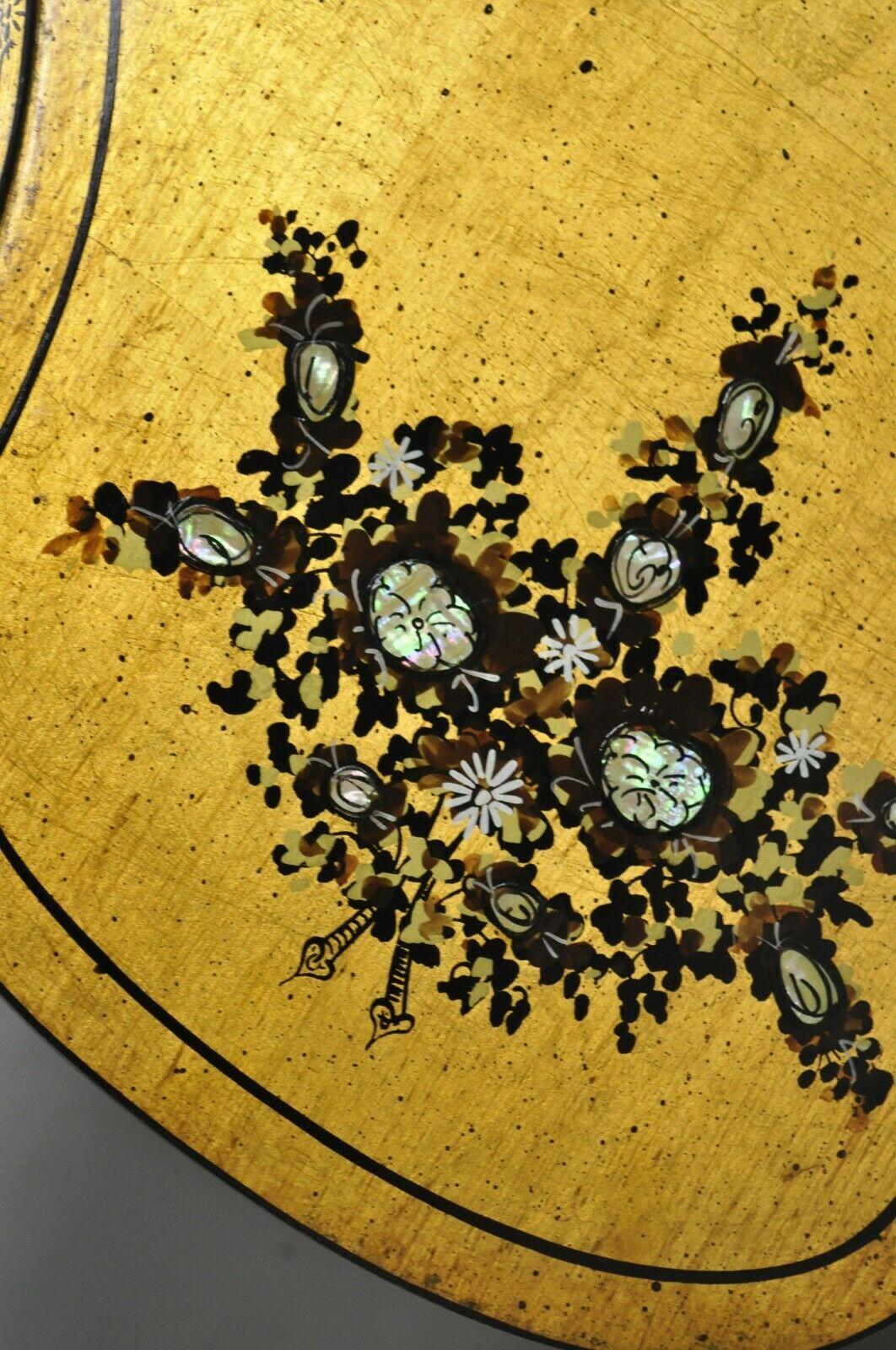 Mediterranean Gold Leaf Low Pedestal Side Tables Mother of Pearl Inlay, a Pair 4