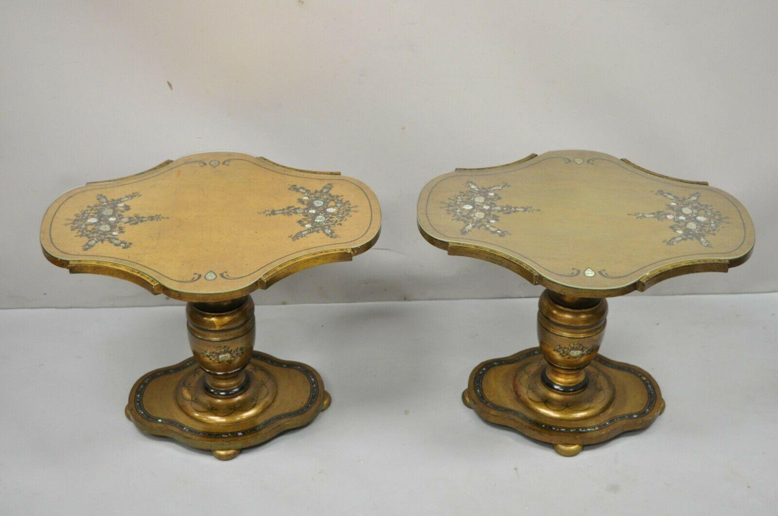 Mediterranean Gold Leaf Low Pedestal Side Tables Mother of Pearl Inlay, a Pair 5