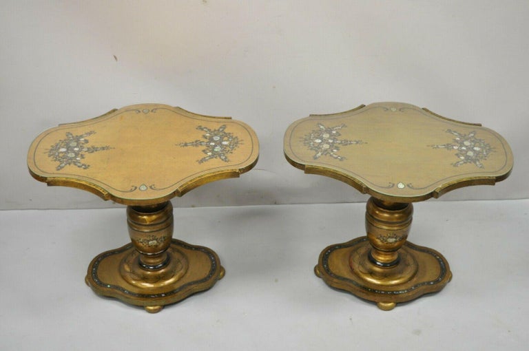 Mediterranean Gold Leaf Low Pedestal Side Tables Mother of Pearl Inlay, a Pair For Sale 5