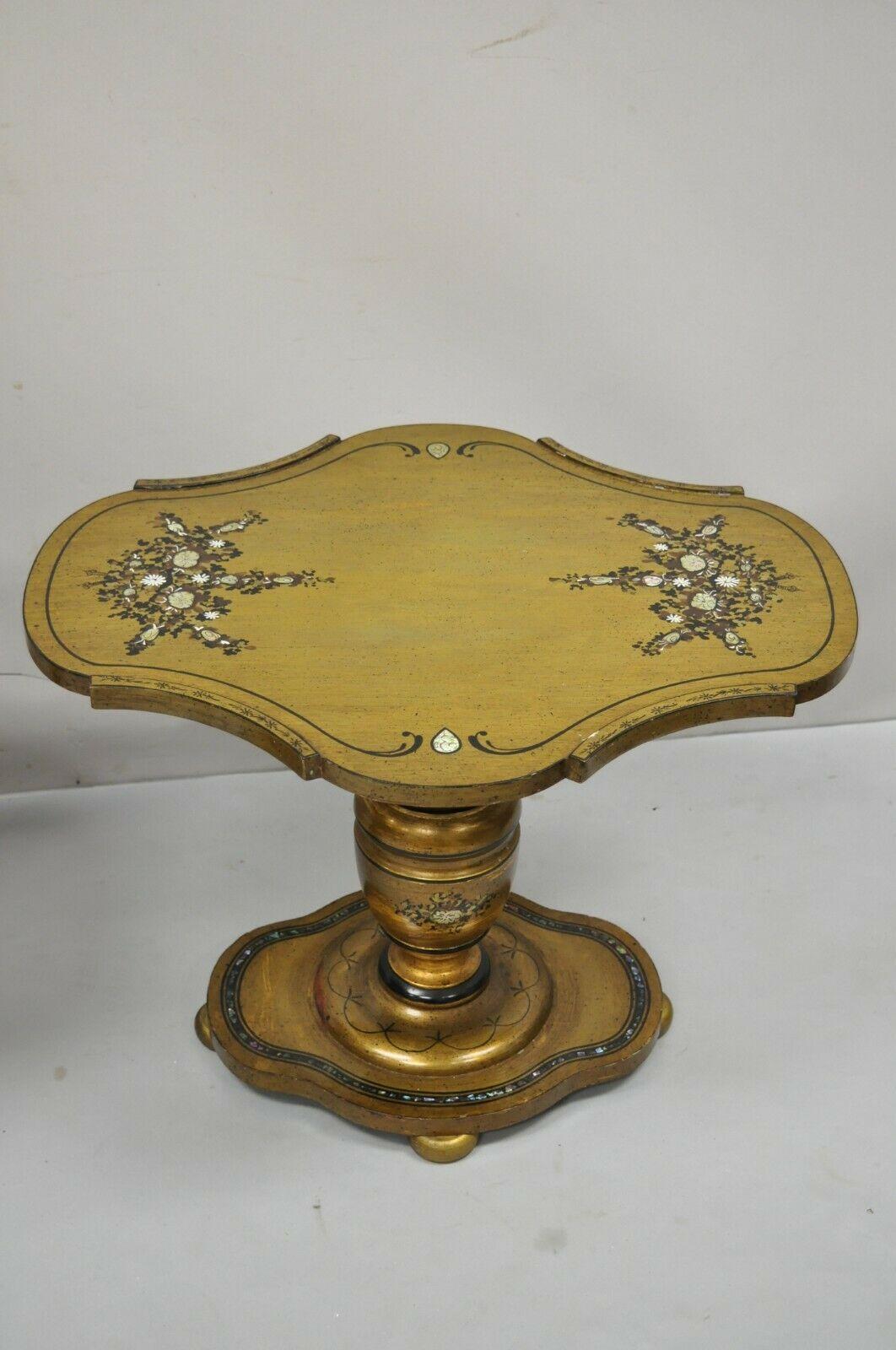 Hollywood Regency Mediterranean Gold Leaf Low Pedestal Side Tables Mother of Pearl Inlay, a Pair