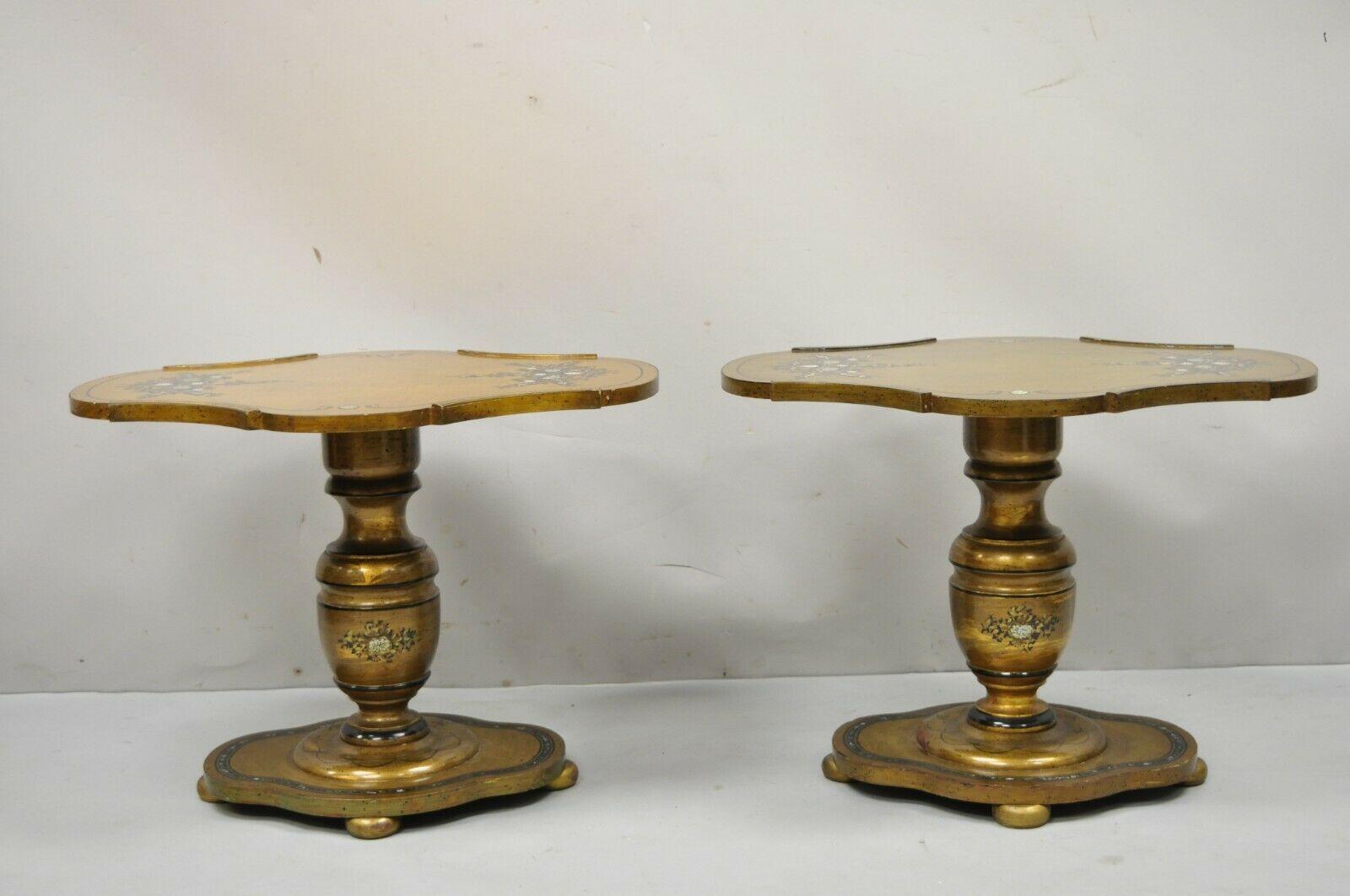 American Mediterranean Gold Leaf Low Pedestal Side Tables Mother of Pearl Inlay, a Pair